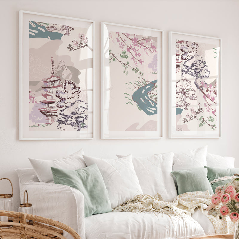 Japanese Wall Art Panels Featuring Botanical Wildflowers - White Framed Poster with White Border - Artworksets