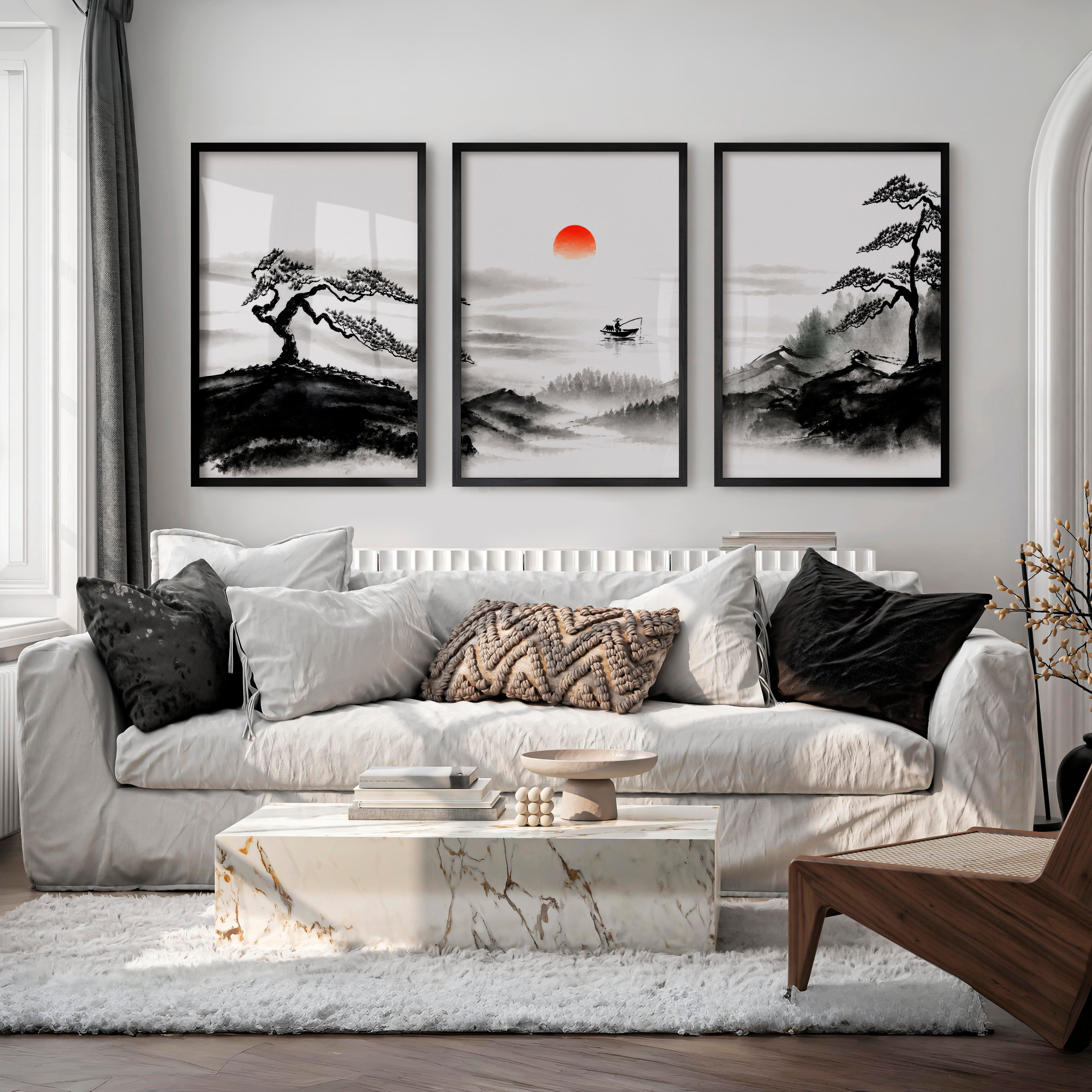 Japanese Wall Art Panels Featuring Foggy Forest and Birds in Flight - Black Framed Poster No Border - Artworksets
