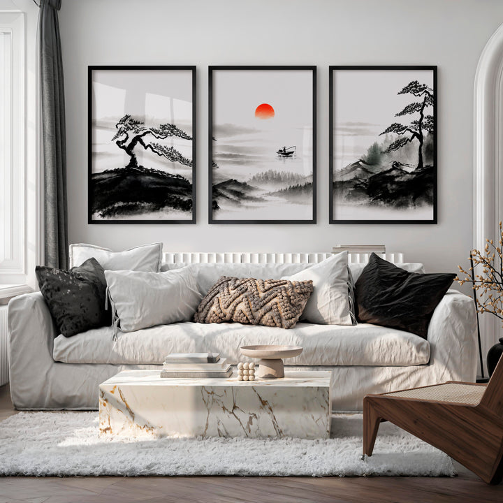 Japanese Wall Art Panels Featuring Foggy Forest and Birds in Flight - Black Framed Poster No Border - Artworksets