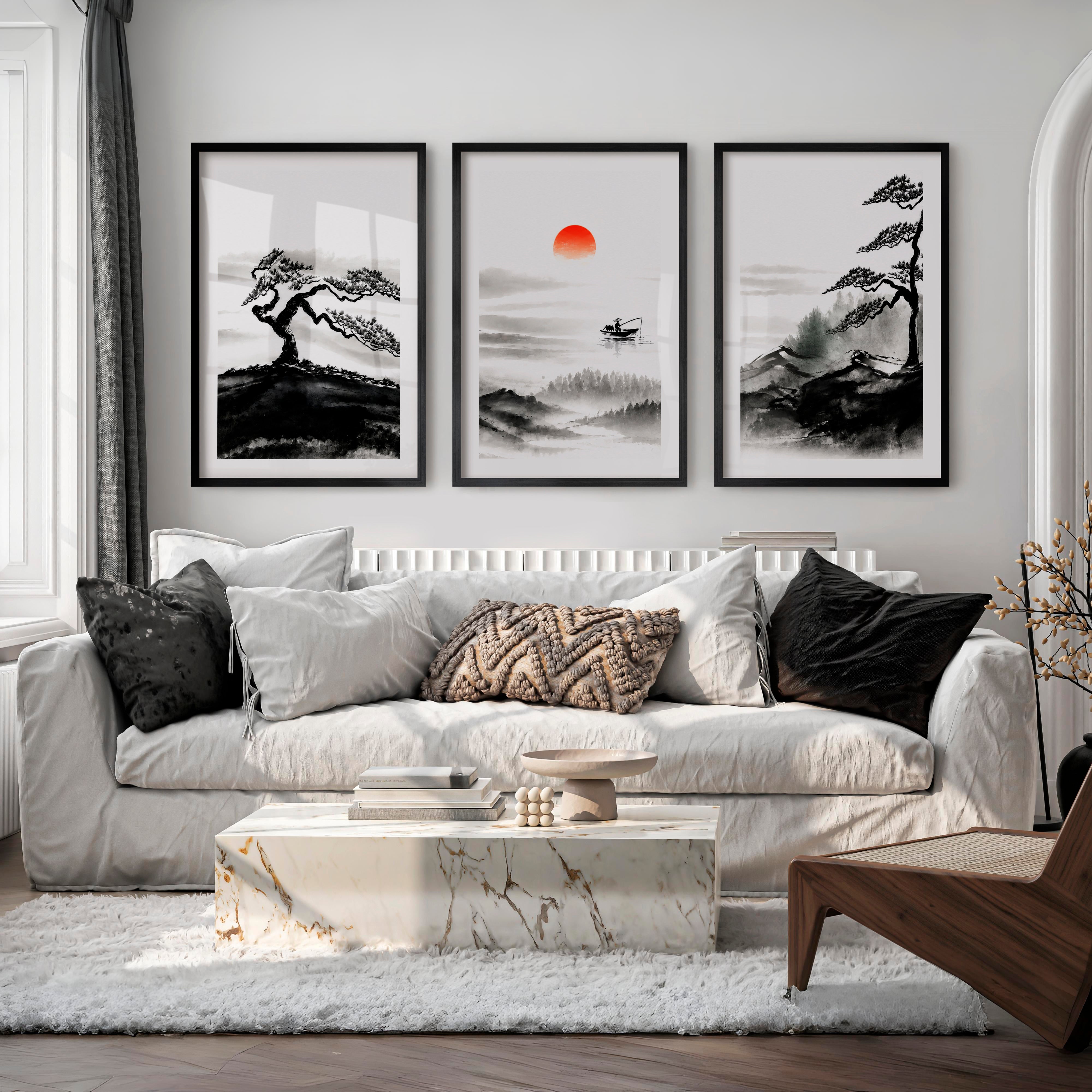 Japanese Wall Art Panels Featuring Foggy Forest and Birds in Flight - Black Framed Poster with White Border - Artworksets