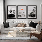 Japanese Wall Art Panels Featuring Foggy Forest and Birds in Flight - Black Framed Poster with White Border - Artworksets