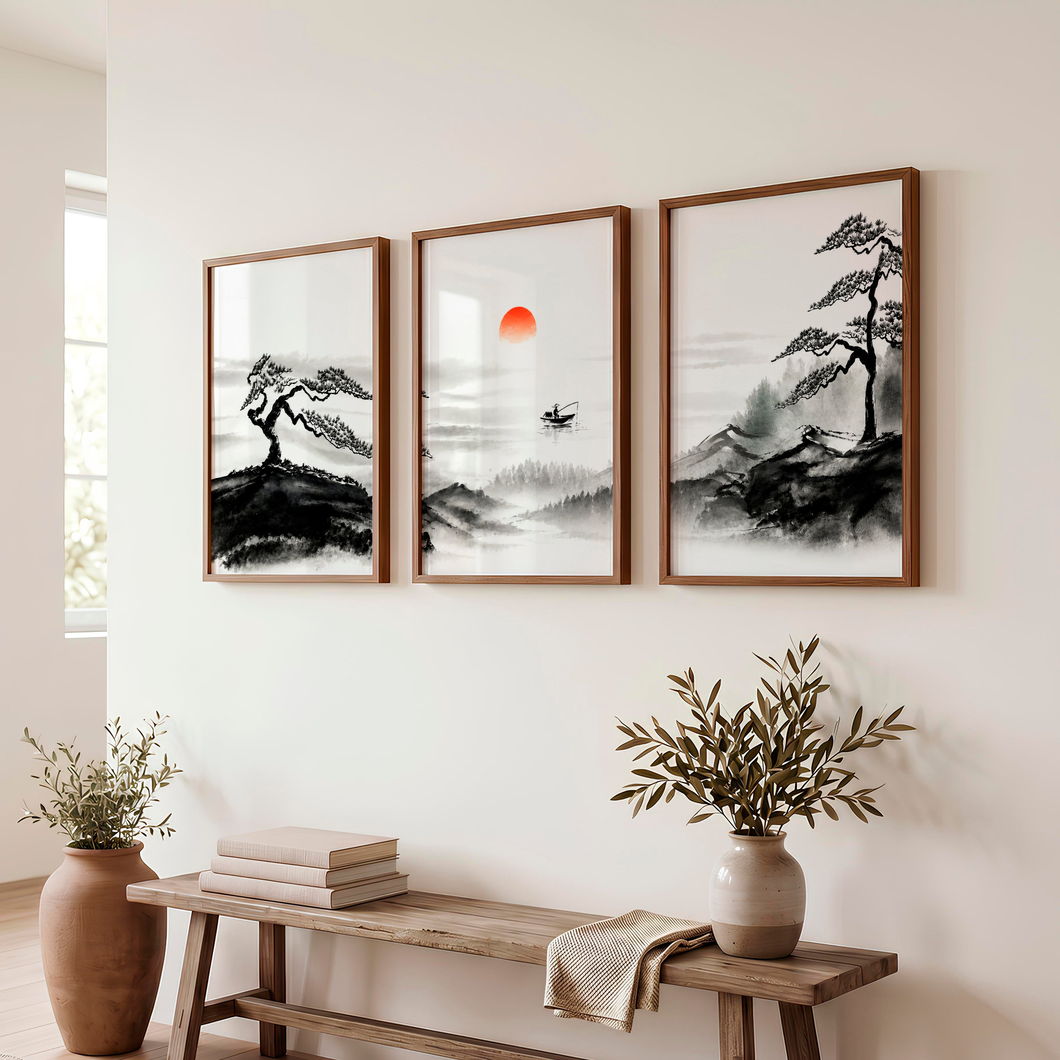 Japanese Wall Art Panels Featuring Foggy Forest and Birds in Flight - Dark Brown Framed Poster No Border - Artworksets