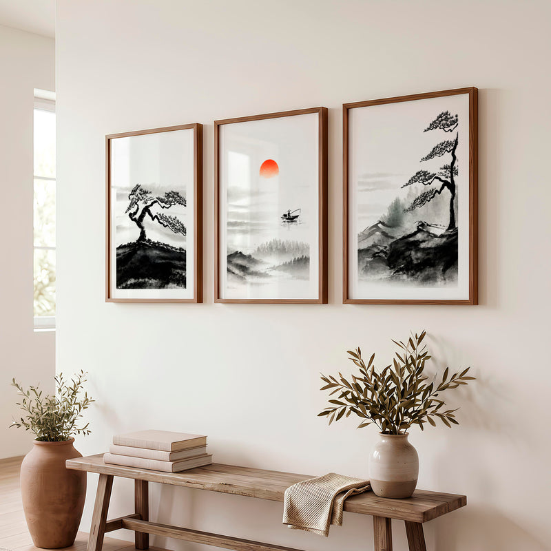 Japanese Wall Art Panels Featuring Foggy Forest and Birds in Flight - Dark Brown Framed Poster with White Border - Artworksets
