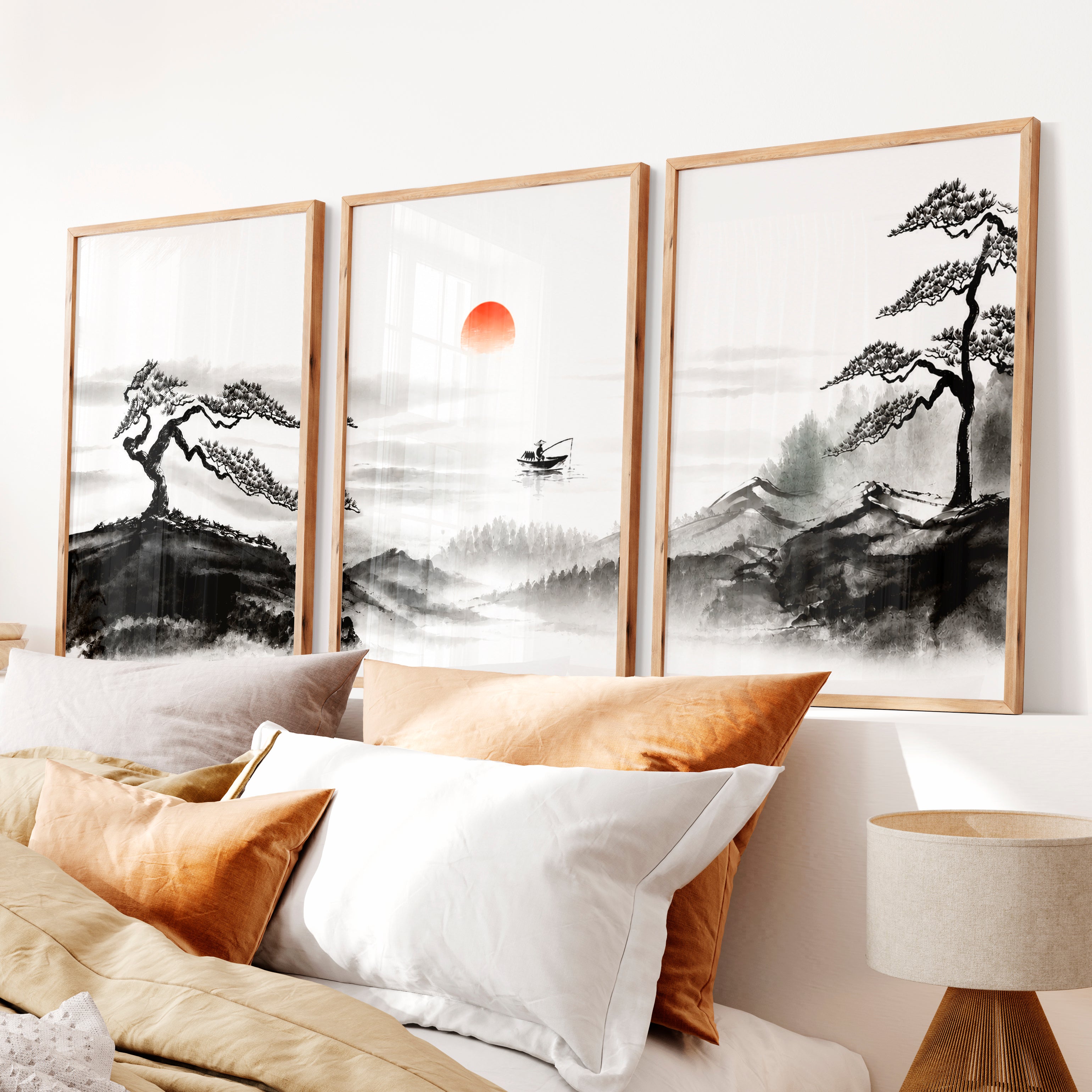 Japanese Wall Art Panels Featuring Foggy Forest and Birds in Flight - Natural Wood Framed Poster No Border - Artworksets