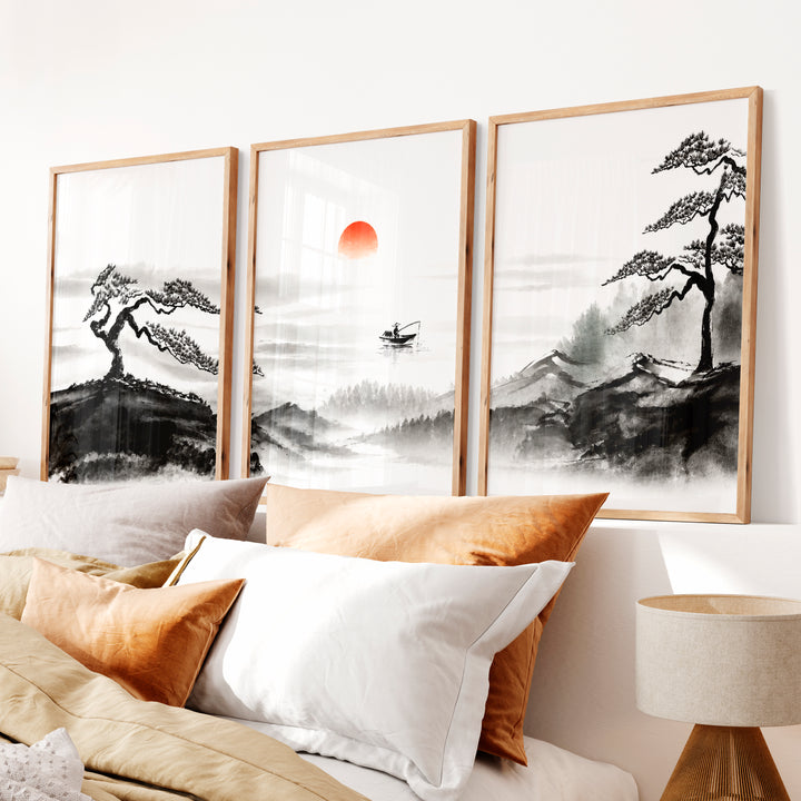 Japanese Wall Art Panels Featuring Foggy Forest and Birds in Flight - Natural Wood Framed Poster No Border - Artworksets