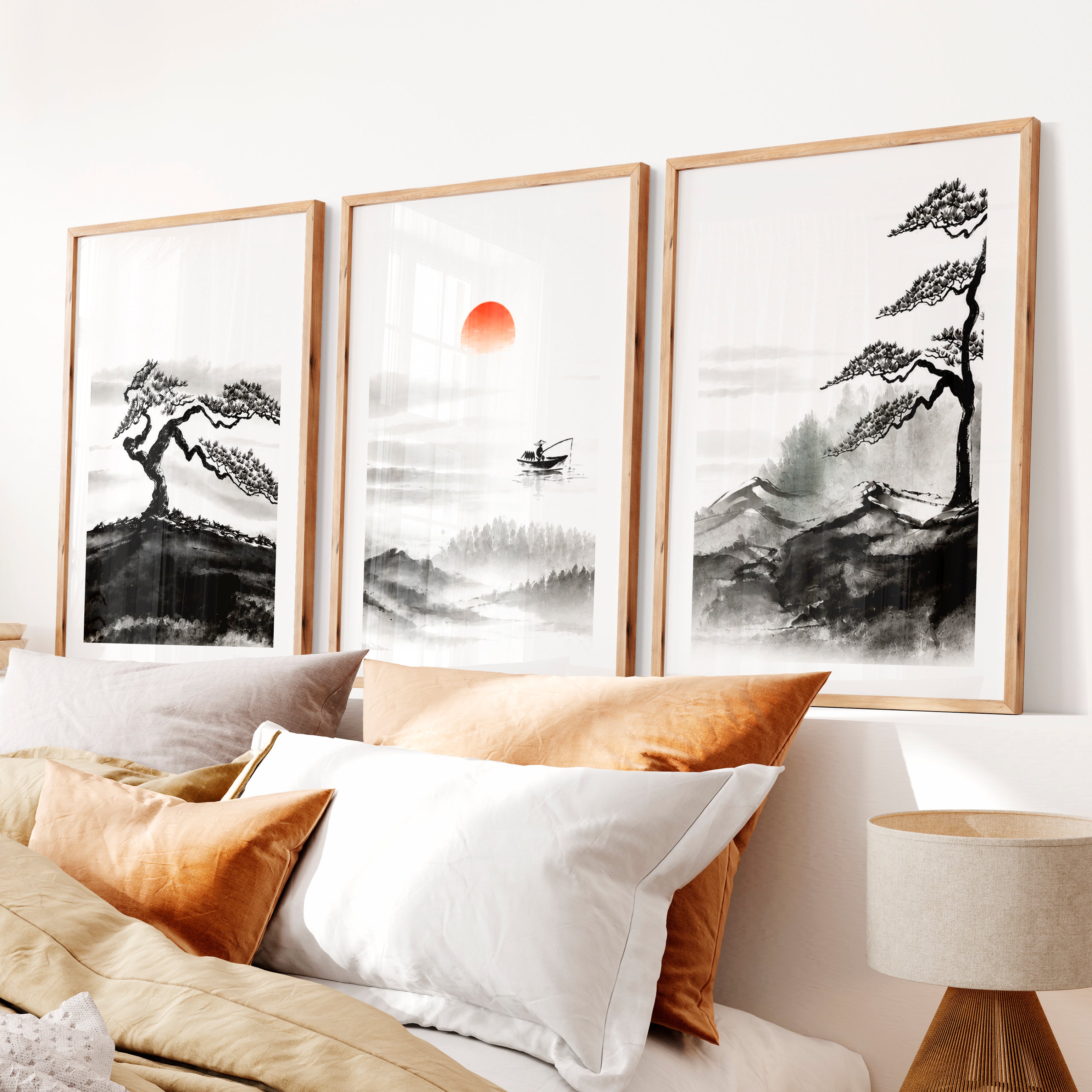 Japanese Wall Art Panels Featuring Foggy Forest and Birds in Flight- Natural Wood Framed Poster with White Border - Artworksets