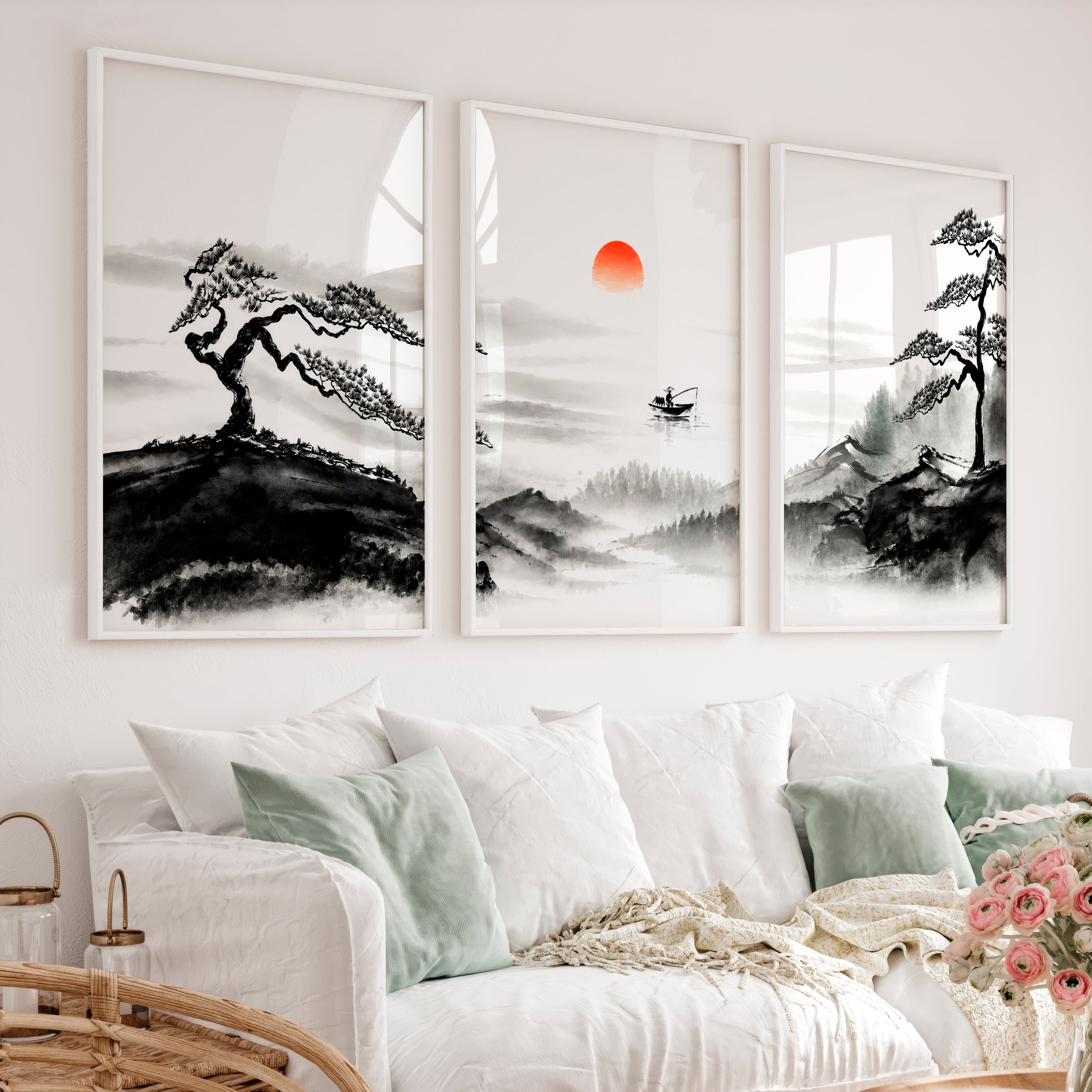 Japanese Wall Art Panels Featuring Foggy Forest and Birds in Flight - White Framed Poster No Border - Artworksets