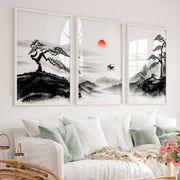 Japanese Wall Art Panels Featuring Foggy Forest and Birds in Flight - White Framed Poster No Border - Artworksets