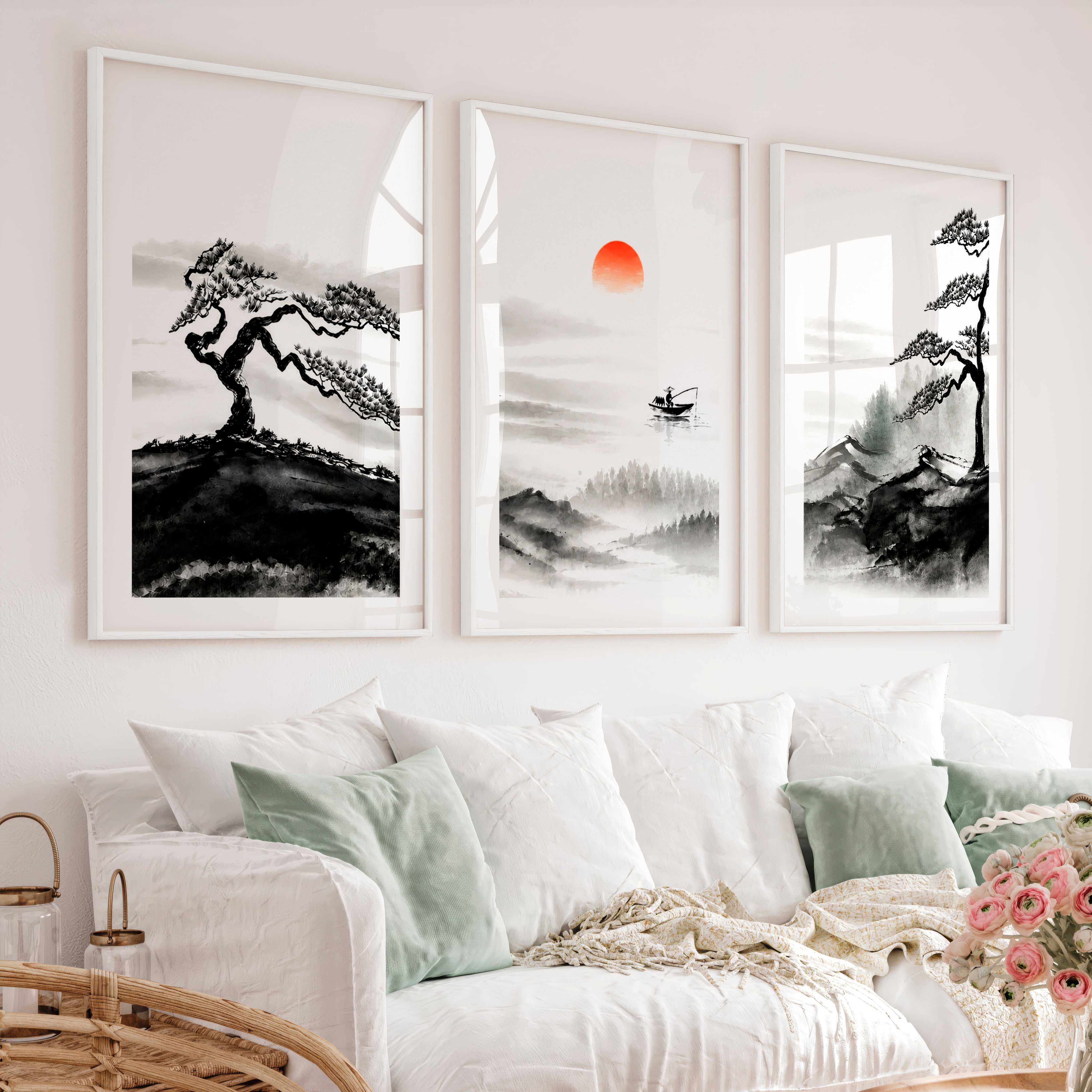 Japanese Wall Art Panels Featuring Foggy Forest and Birds in Flight - White Framed Poster with White Border - Artworksets