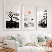 Japanese Wall Art Panels Featuring Foggy Forest and Birds in Flight - White Framed Poster with White Border - Artworksets