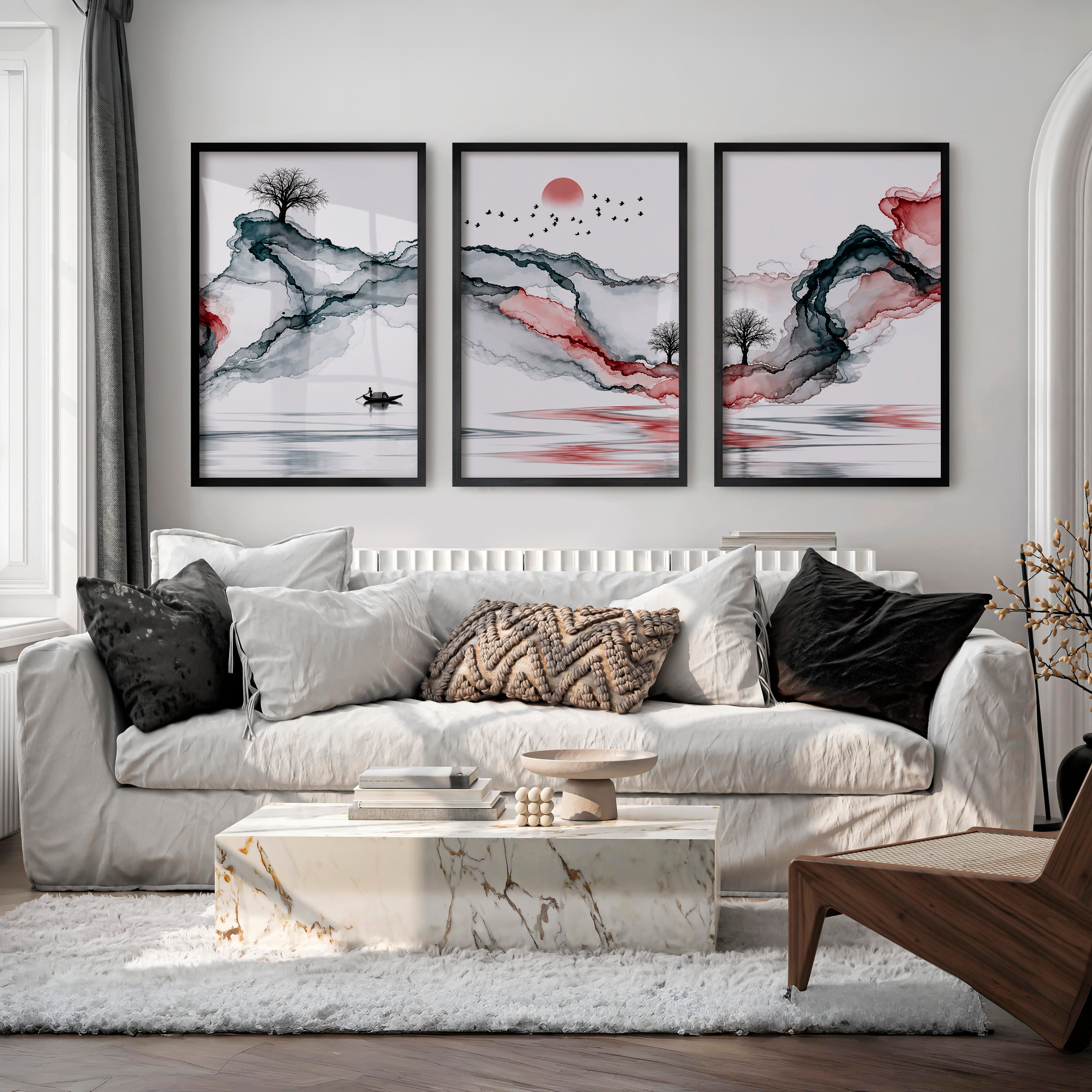 Japanese Wall Art Panels Featuring Leaf Silhouettes and Geometric Arches - Black Framed Poster No Border - Artworksets