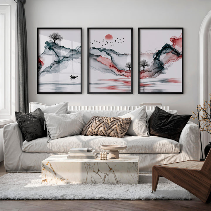 Japanese Wall Art Panels Featuring Leaf Silhouettes and Geometric Arches - Black Framed Poster No Border - Artworksets