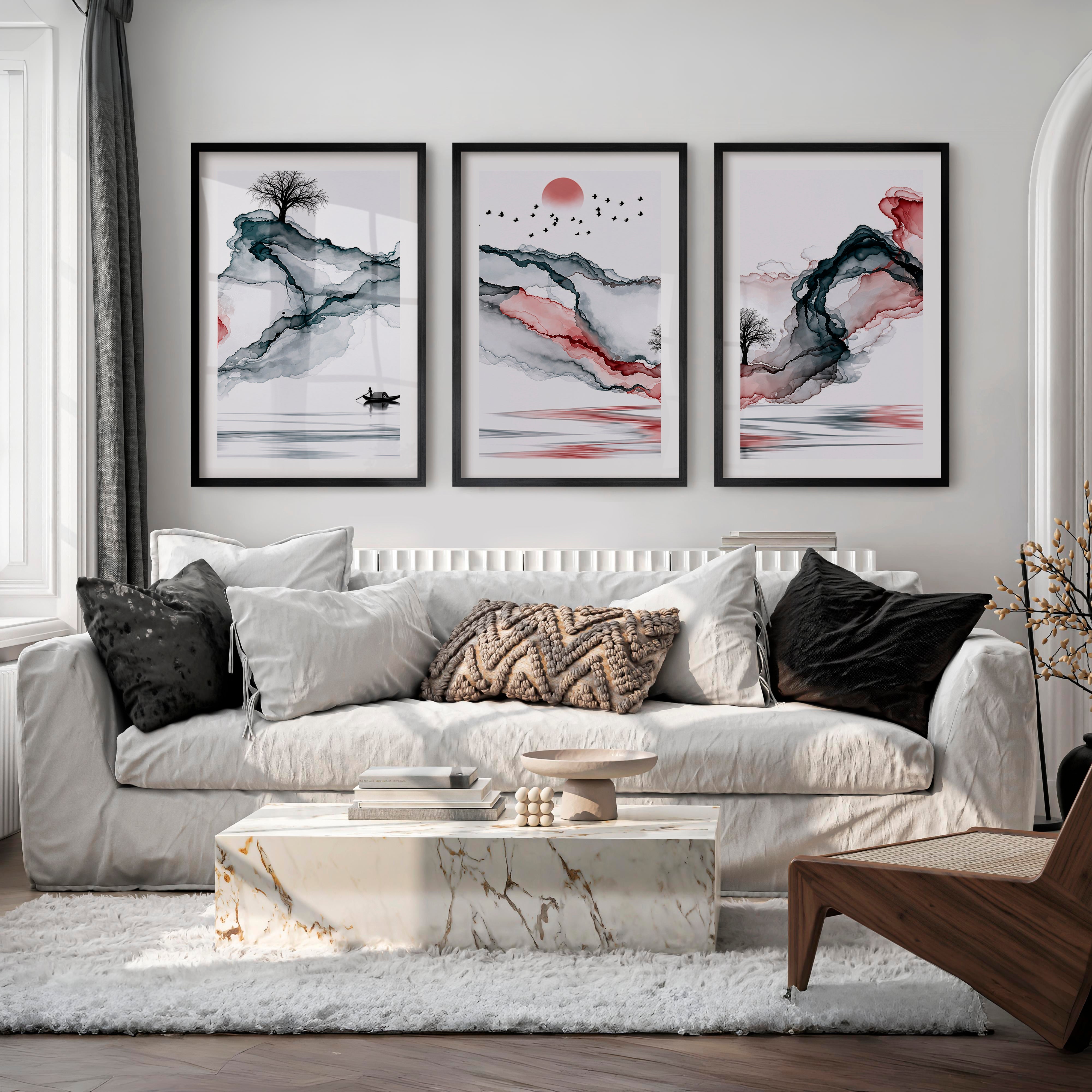 Japanese Wall Art Panels Featuring Leaf Silhouettes and Geometric Arches - Black Framed Poster with White Border - Artworksets