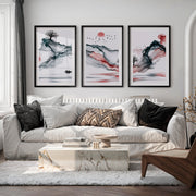 Japanese Wall Art Panels Featuring Leaf Silhouettes and Geometric Arches - Black Framed Poster with White Border - Artworksets
