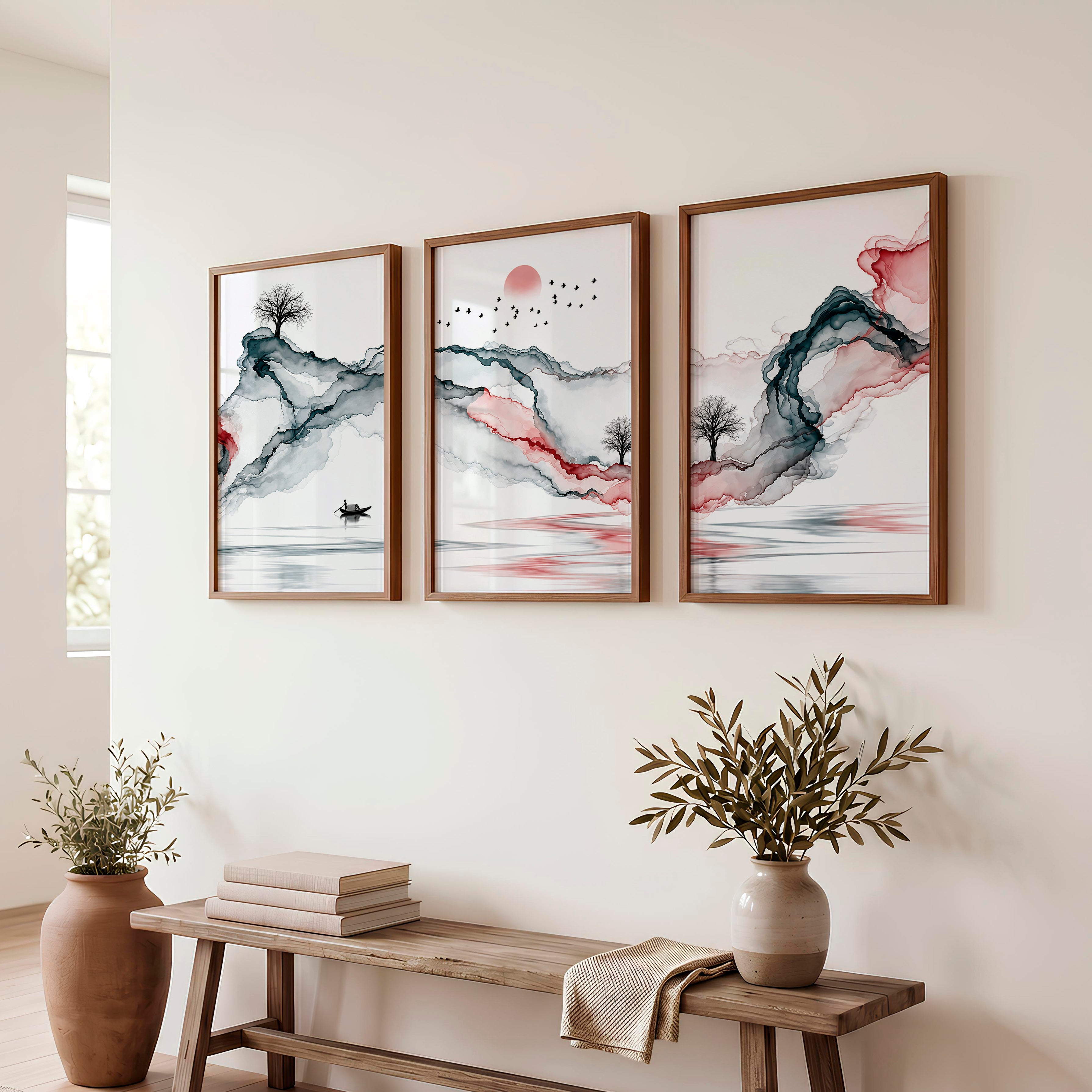 Japanese Wall Art Panels Featuring Leaf Silhouettes and Geometric Arches - Dark Brown Framed Poster No Border - Artworksets