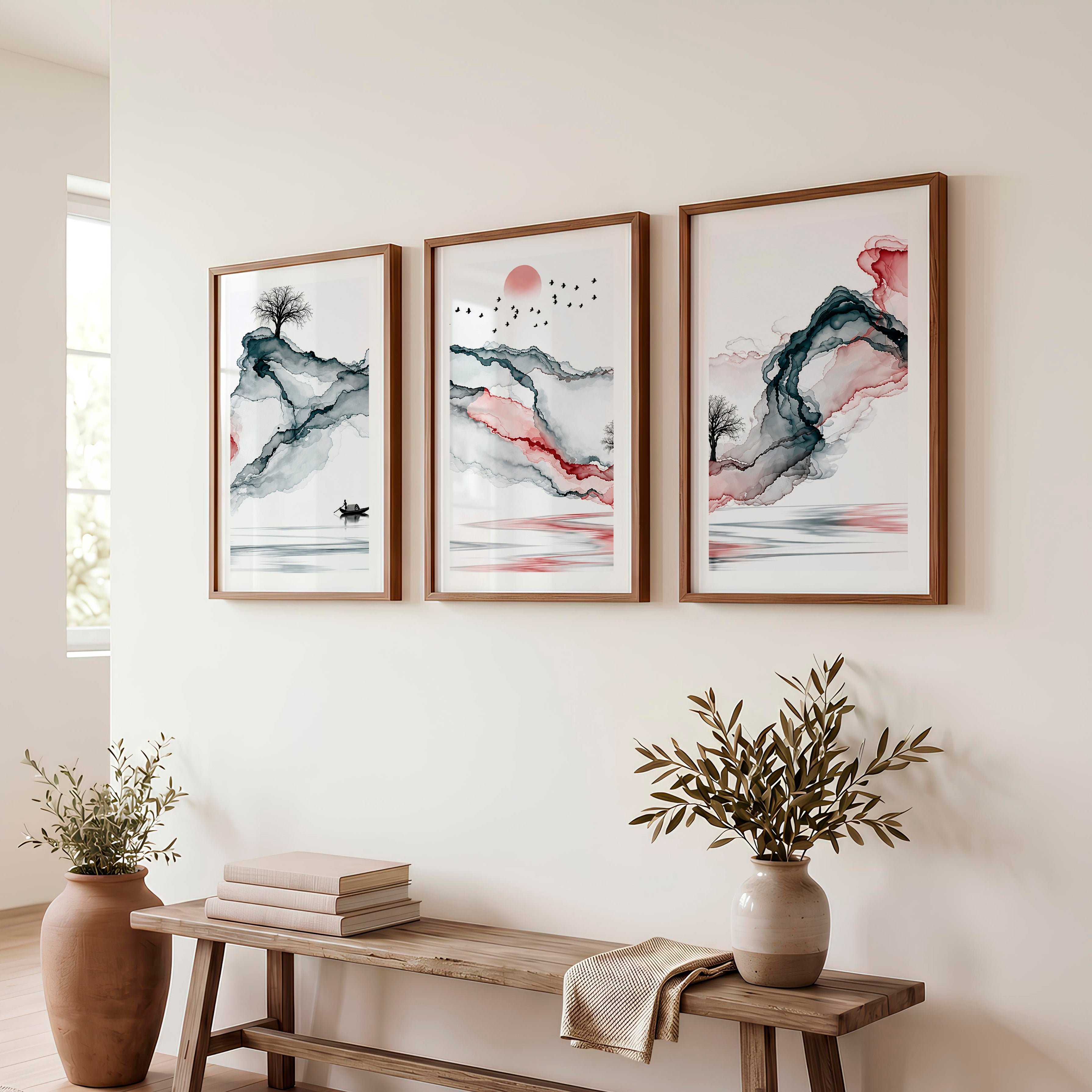 Japanese Wall Art Panels Featuring Leaf Silhouettes and Geometric Arches - Dark Brown Framed Poster with White Border - Artworksets