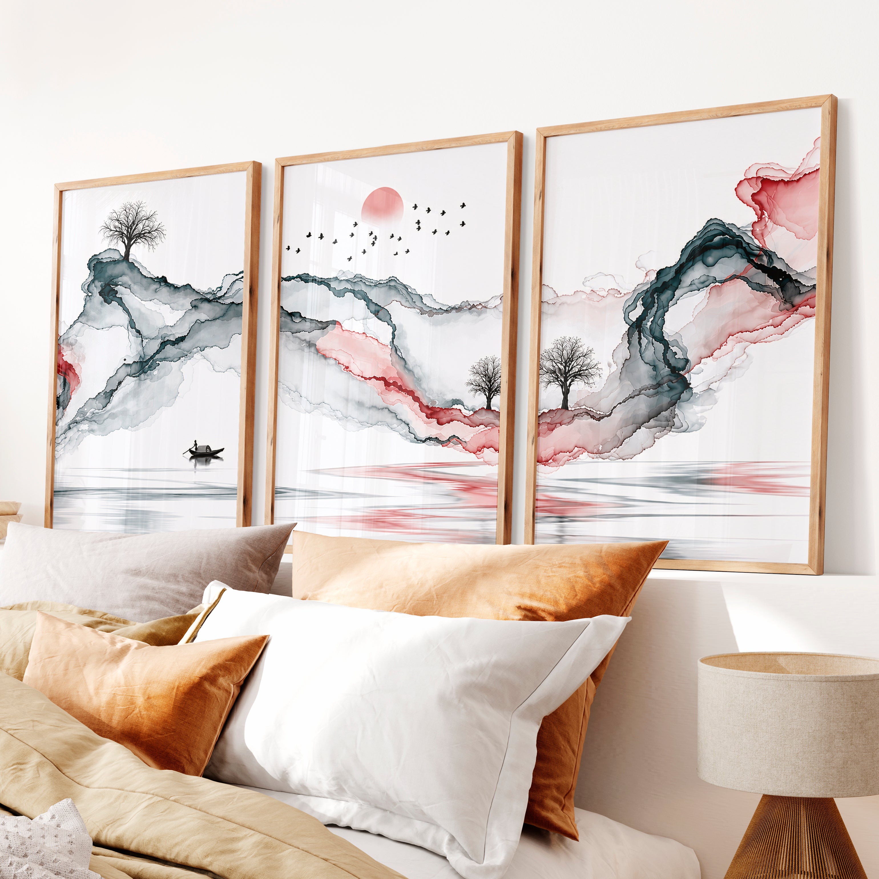 Japanese Wall Art Panels Featuring Leaf Silhouettes and Geometric Arches - Natural Wood Framed Poster No Border - Artworksets