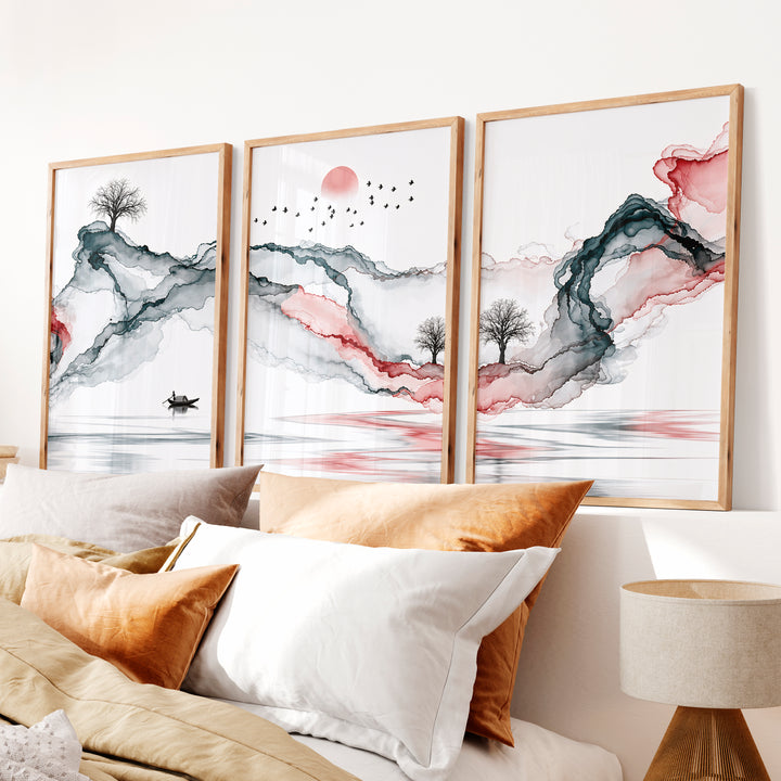 Japanese Wall Art Panels Featuring Leaf Silhouettes and Geometric Arches - Natural Wood Framed Poster No Border - Artworksets