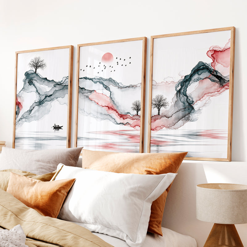 Japanese Wall Art Panels Featuring Leaf Silhouettes and Geometric Arches - Natural Wood Framed Poster No Border - Artworksets