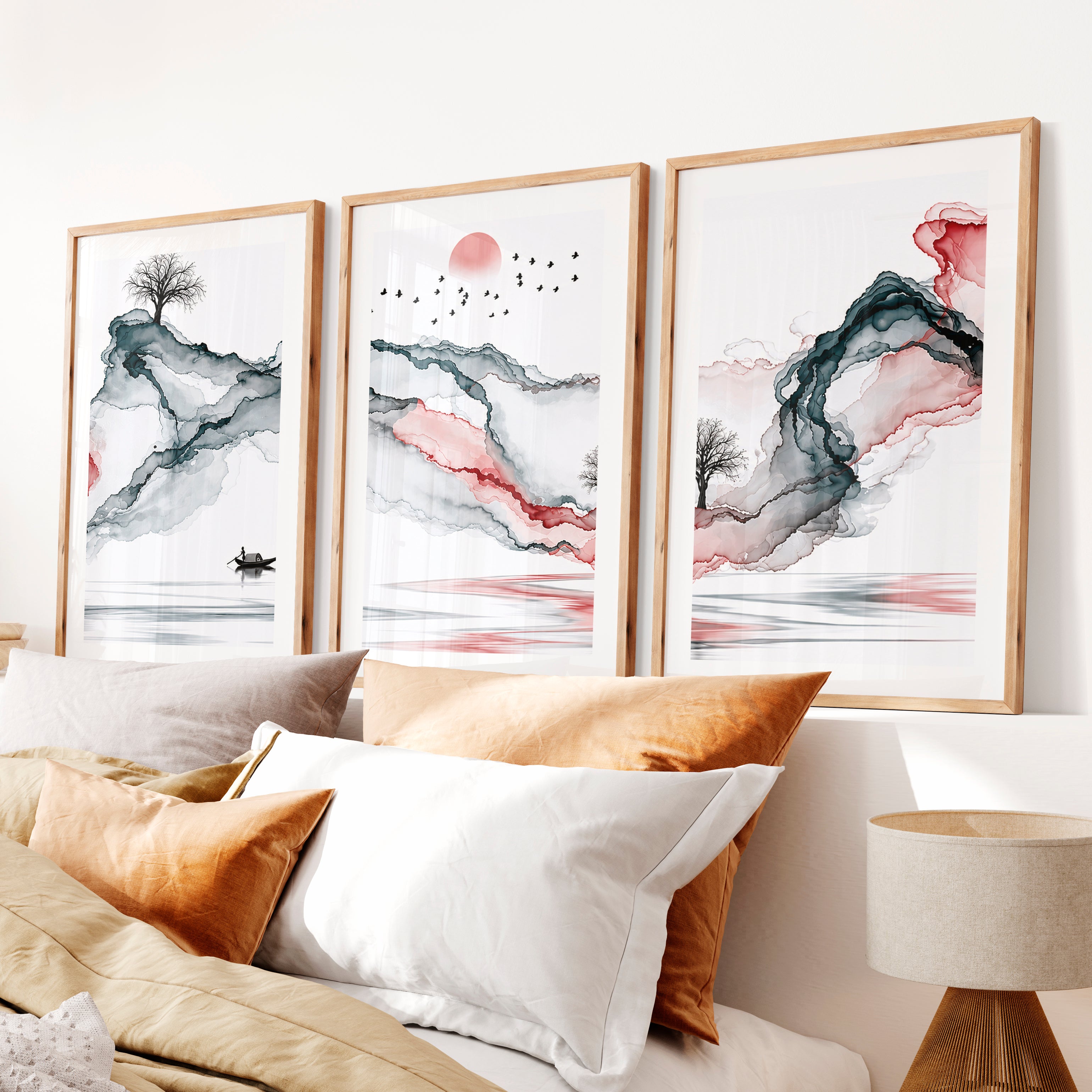 Japanese Wall Art Panels Featuring Leaf Silhouettes and Geometric Arches- Natural Wood Framed Poster with White Border - Artworksets