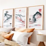 Japanese Wall Art Panels Featuring Leaf Silhouettes and Geometric Arches- Natural Wood Framed Poster with White Border - Artworksets