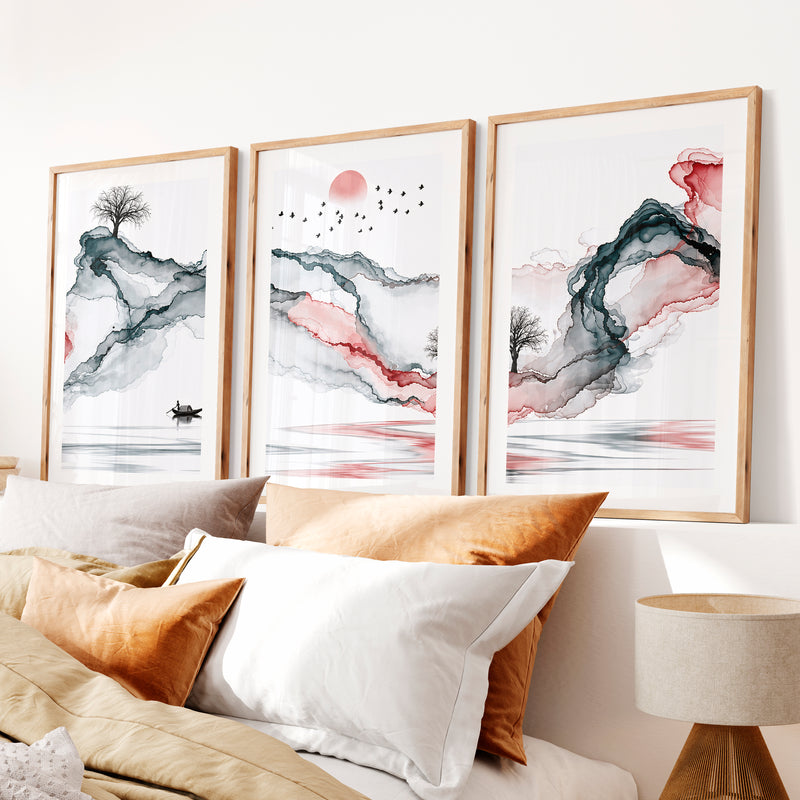 Japanese Wall Art Panels Featuring Leaf Silhouettes and Geometric Arches- Natural Wood Framed Poster with White Border - Artworksets