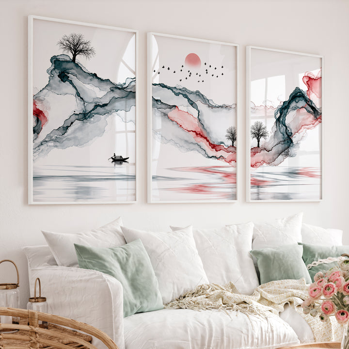 Japanese Wall Art Panels Featuring Leaf Silhouettes and Geometric Arches - White Framed Poster No Border - Artworksets