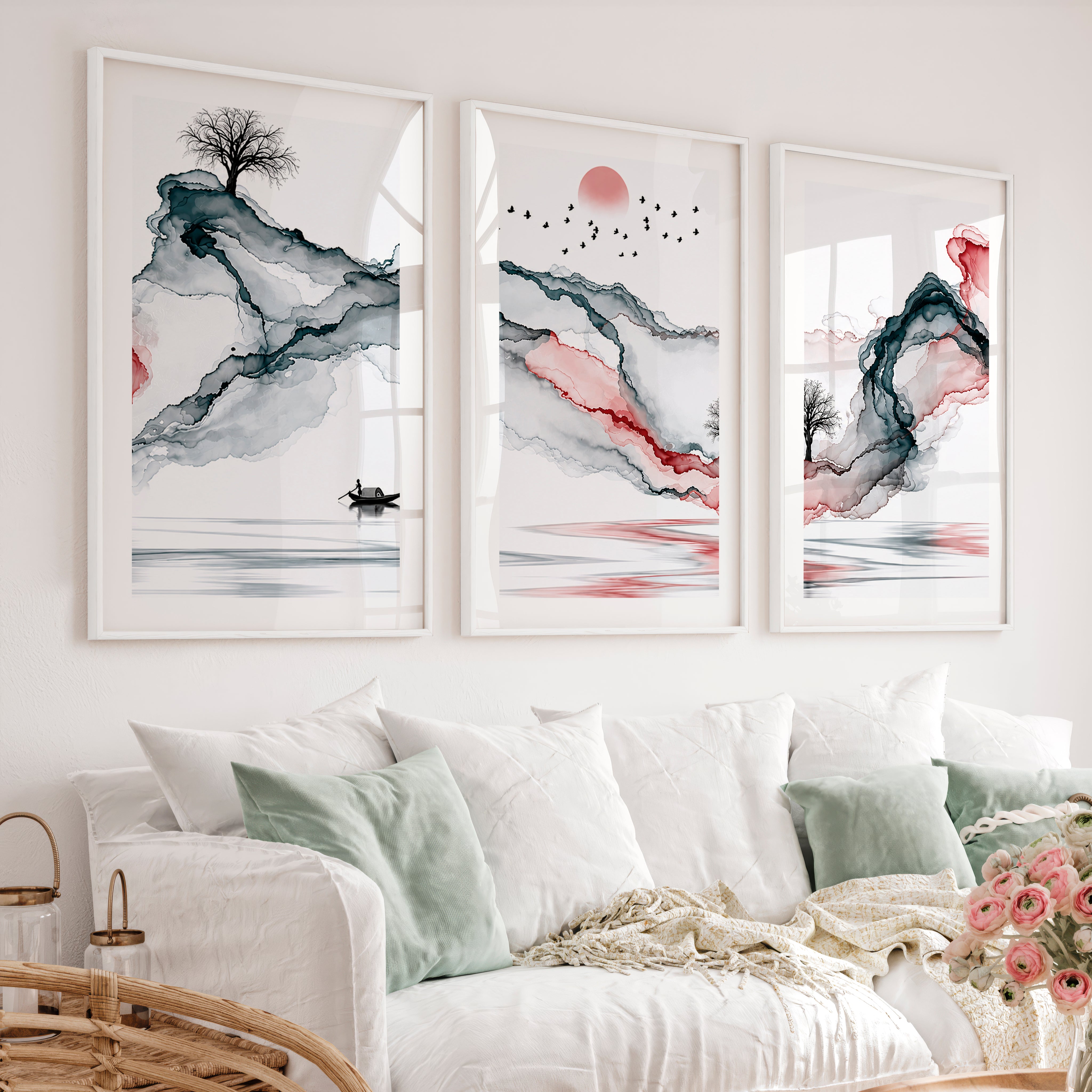 Japanese Wall Art Panels Featuring Leaf Silhouettes and Geometric Arches - White Framed Poster with White Border - Artworksets