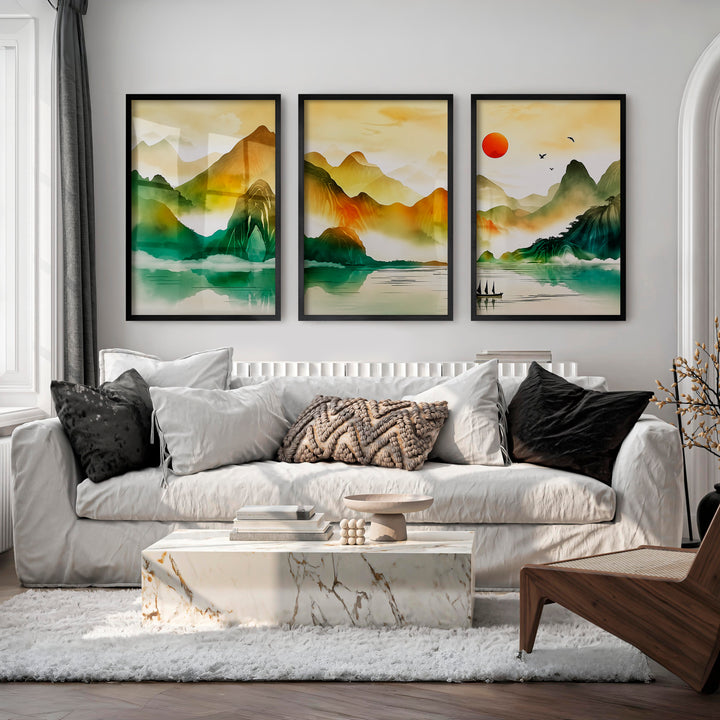Japanese Wall Art Panels Featuring Watercolor Lily Pads - Black Framed Poster No Border - Artworksets