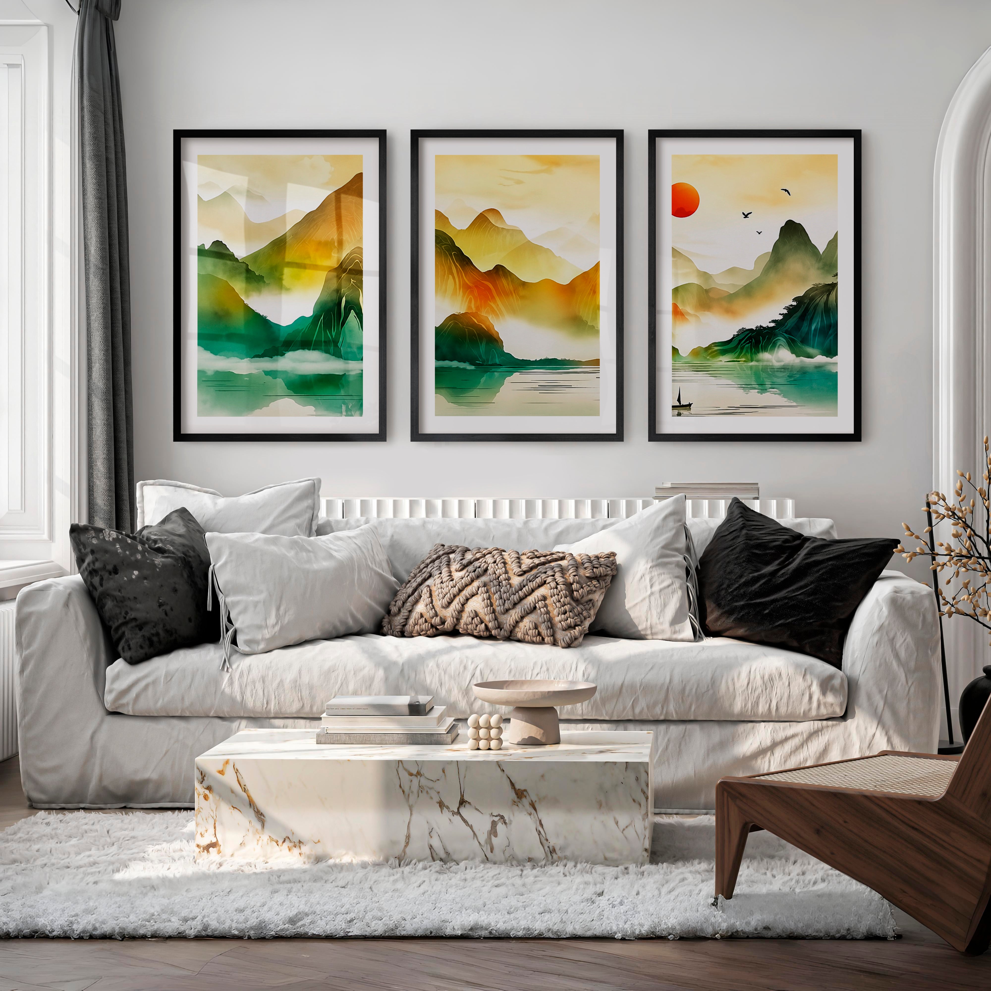 Japanese Wall Art Panels Featuring Watercolor Lily Pads - Black Framed Poster with White Border - Artworksets