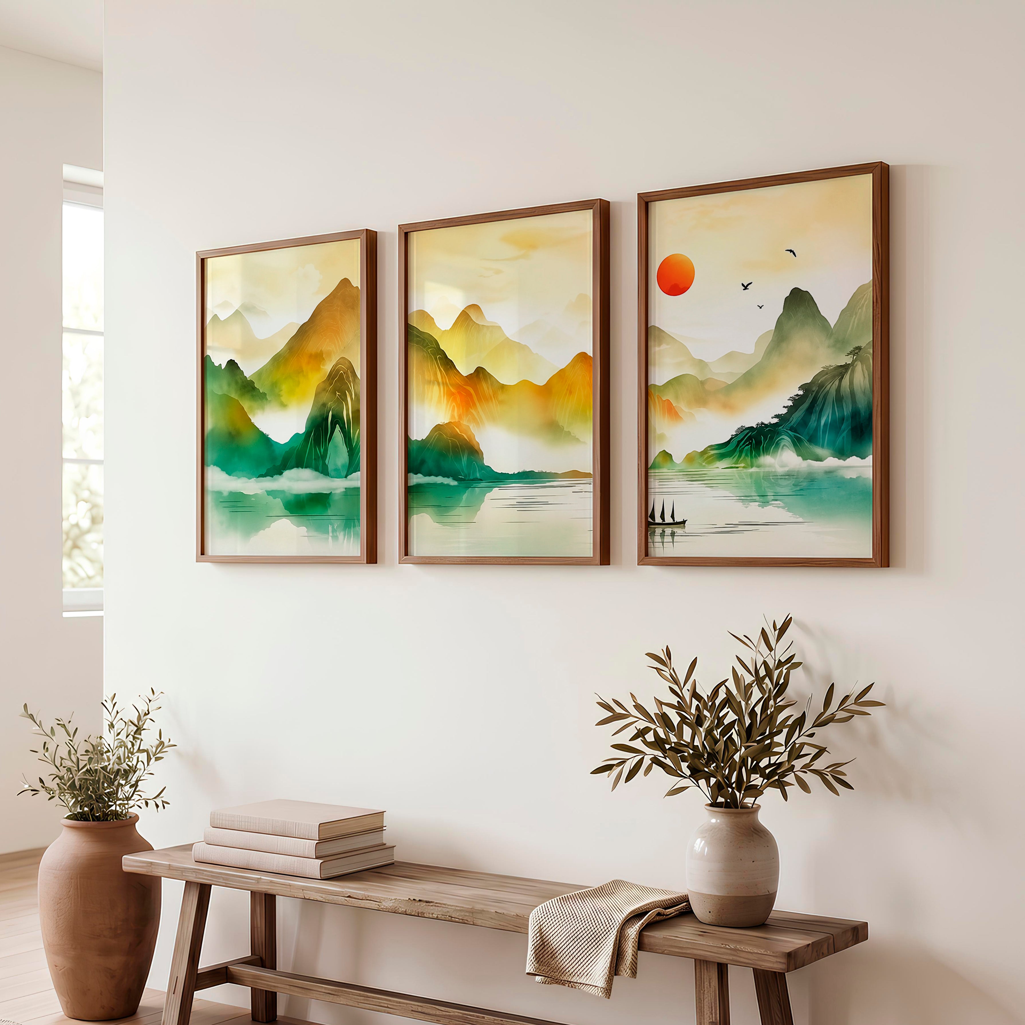 Japanese Wall Art Panels Featuring Watercolor Lily Pads - Dark Brown Framed Poster No Border - Artworksets