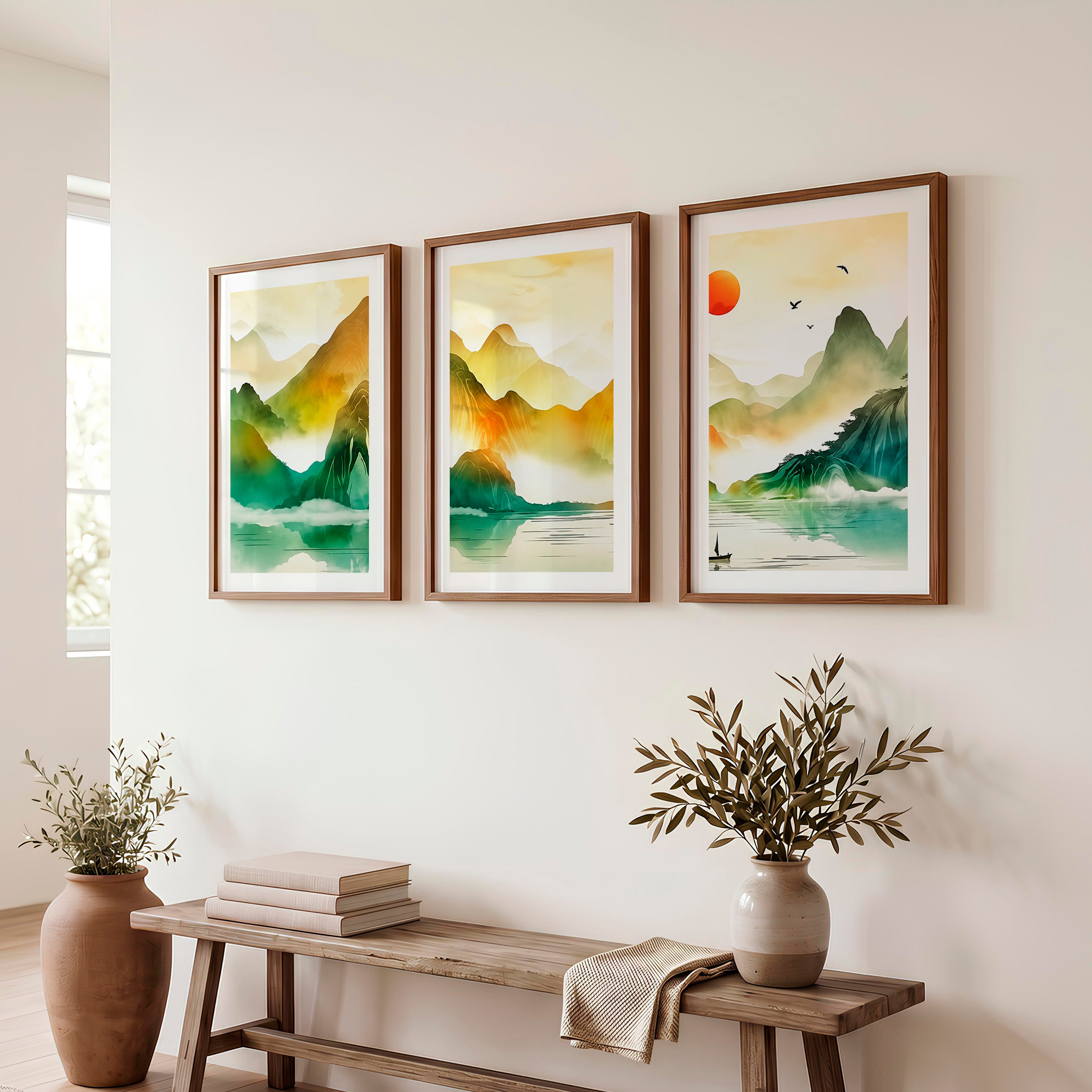 Japanese Wall Art Panels Featuring Watercolor Lily Pads - Dark Brown Framed Poster with White Border - Artworksets