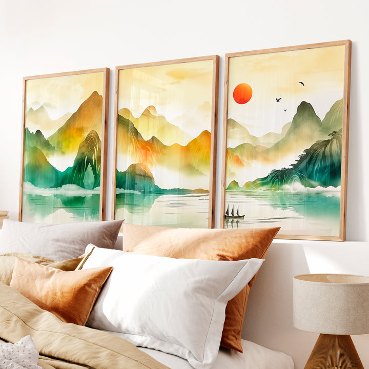 Japanese Wall Art Panels Featuring Watercolor Lily Pads - Natural Wood Framed Poster No Border - Artworksets