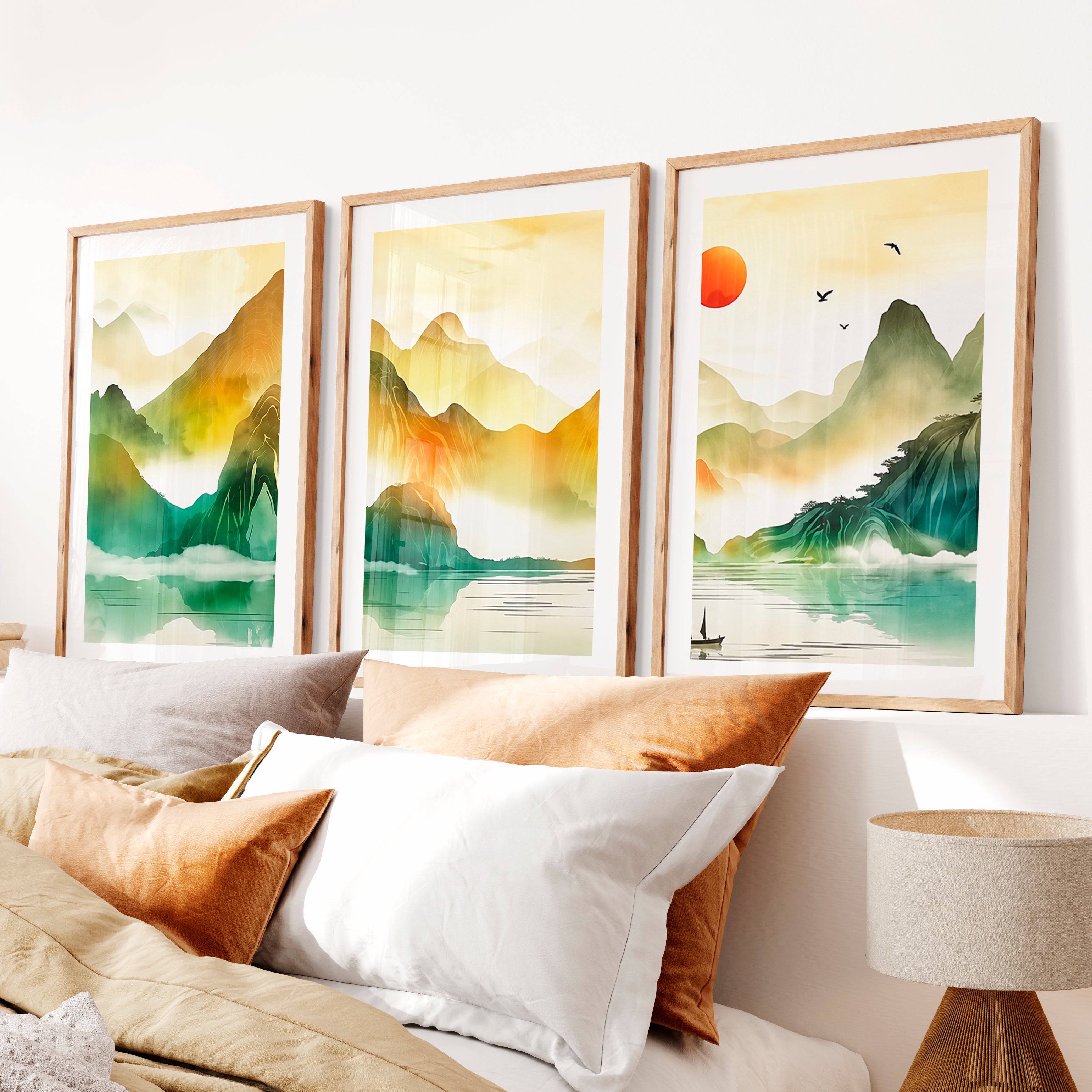Japanese Wall Art Panels Featuring Watercolor Lily Pads- Natural Wood Framed Poster with White Border - Artworksets
