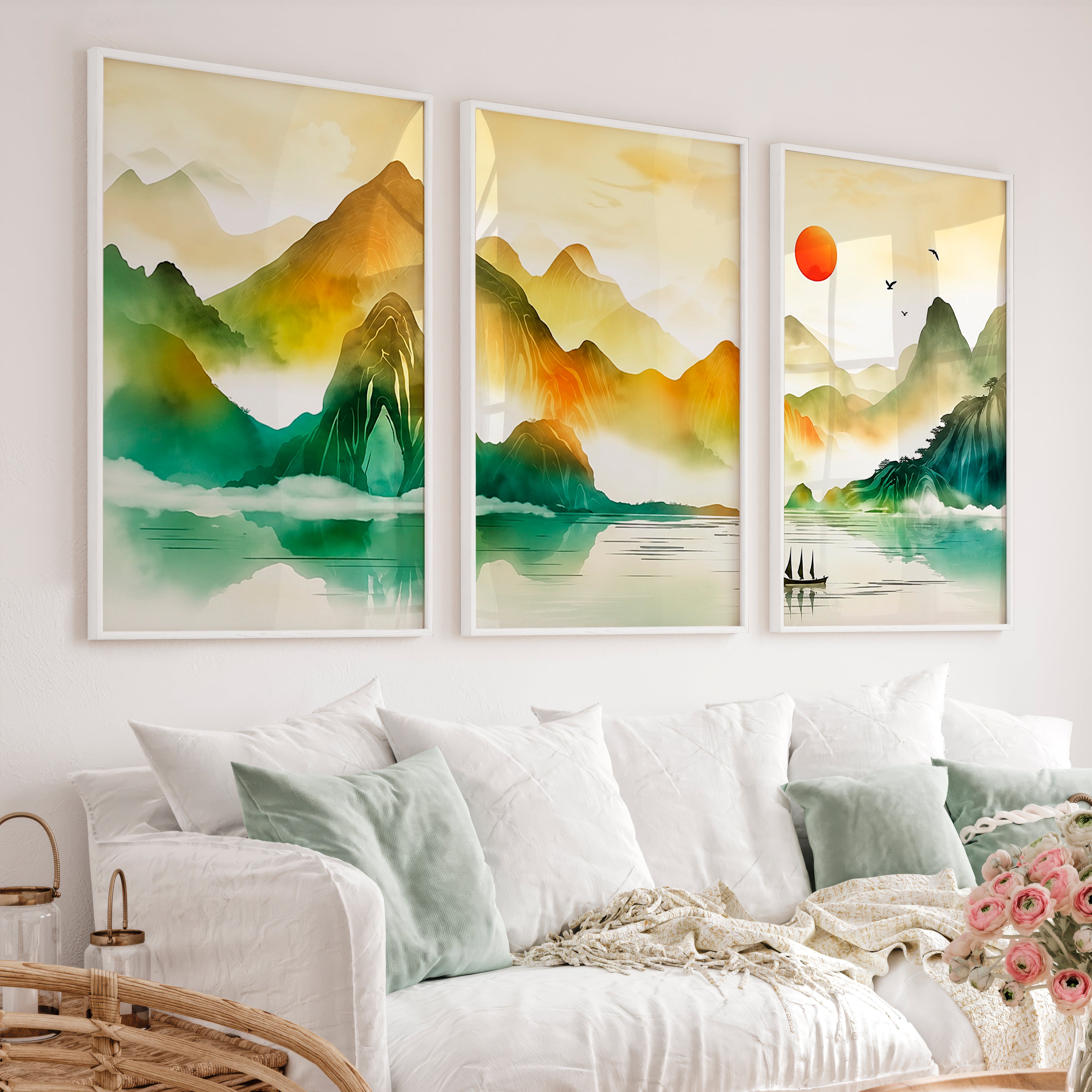 Japanese Wall Art Panels Featuring Watercolor Lily Pads - White Framed Poster No Border - Artworksets