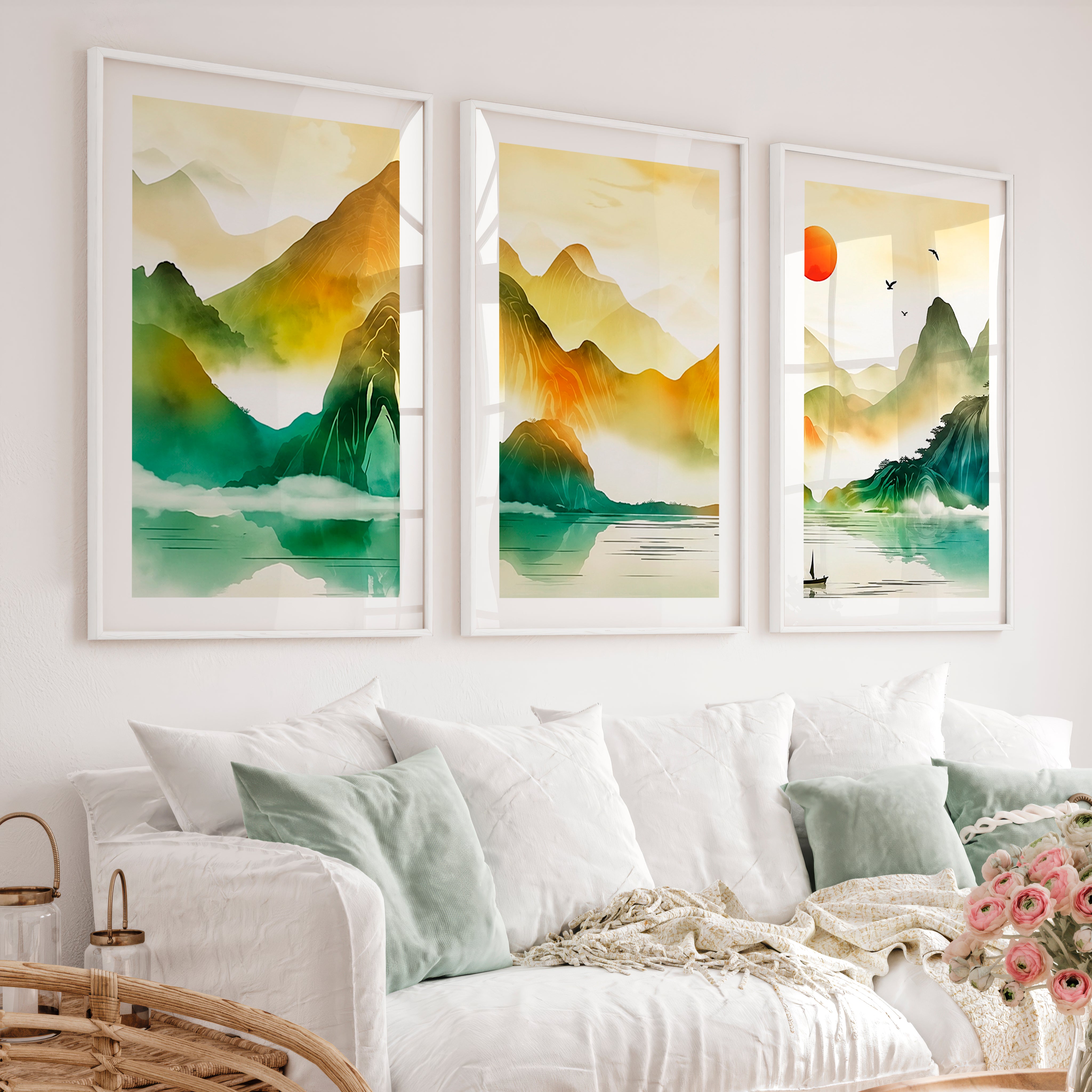 Japanese Wall Art Panels Featuring Watercolor Lily Pads - White Framed Poster with White Border - Artworksets