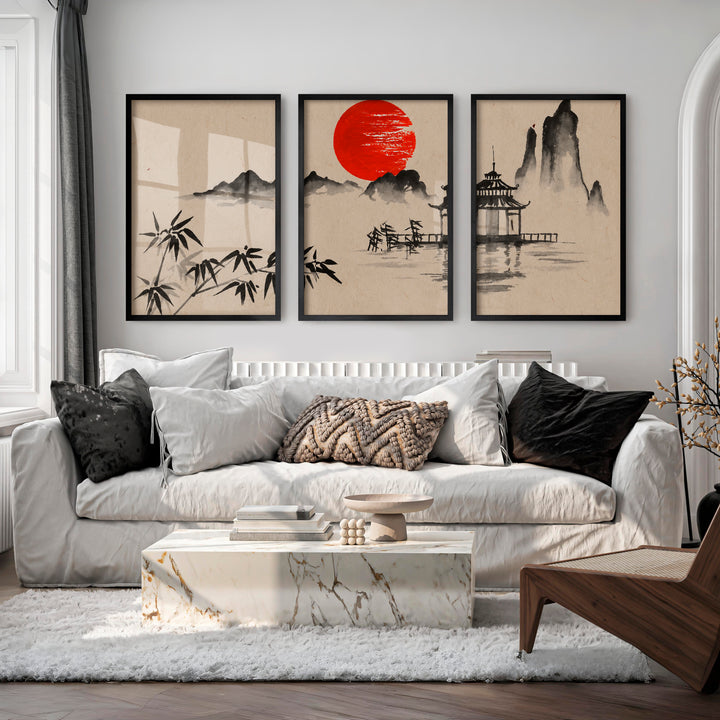 Japanese Wall Art Panels Featuring Misty Mountain and Pine Landscape - Black Framed Poster No Border - Artworksets