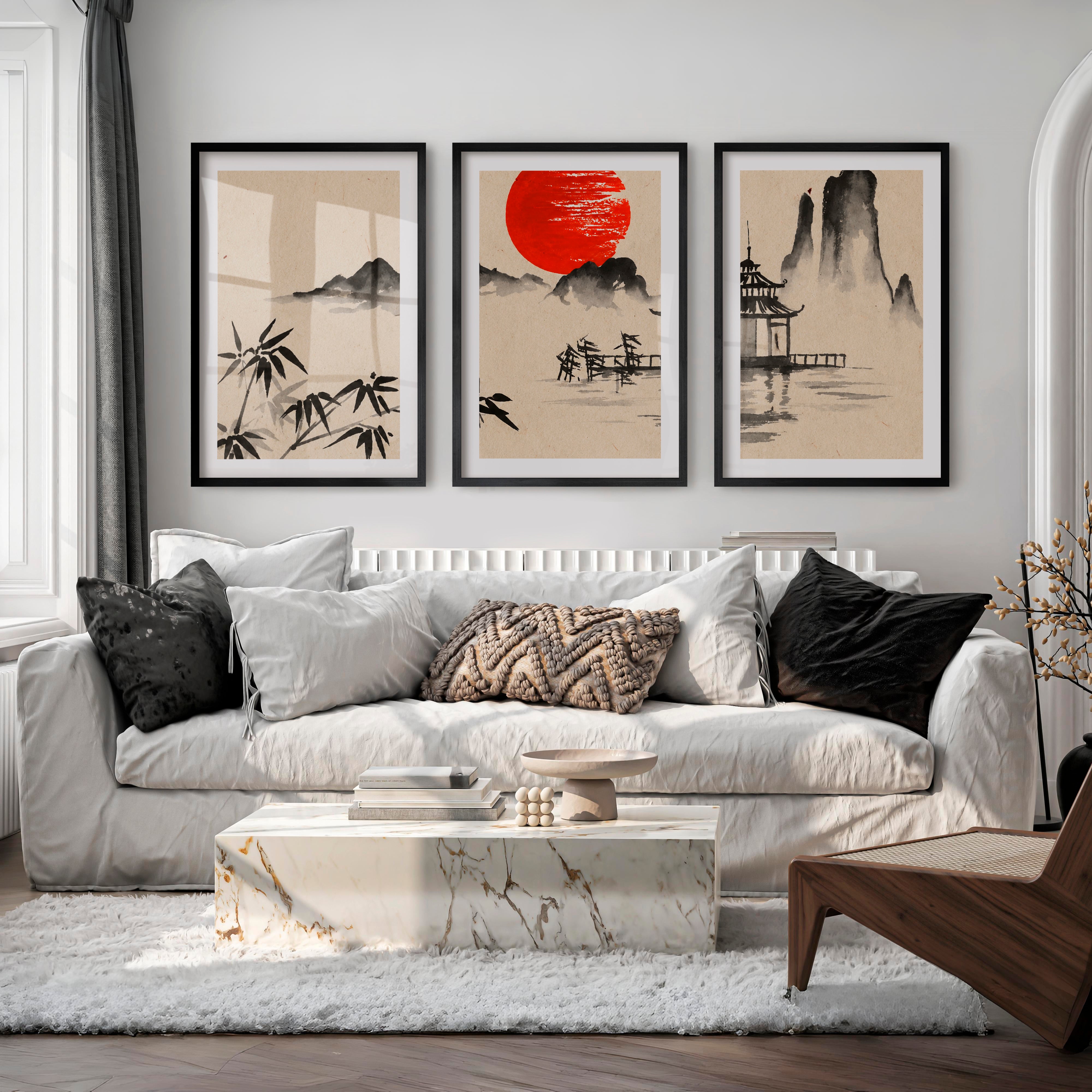 Japanese Wall Art Panels Featuring Misty Mountain and Pine Landscape - Black Framed Poster with White Border - Artworksets