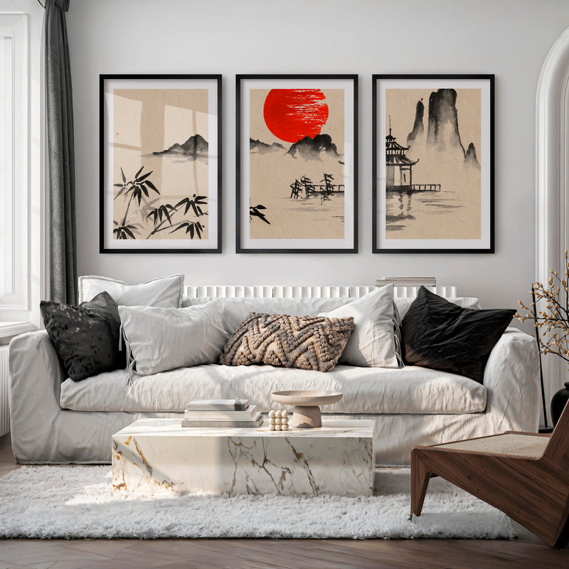 Japanese Wall Art Panels Featuring Misty Mountain and Pine Landscape - Black Framed Poster with White Border - Artworksets