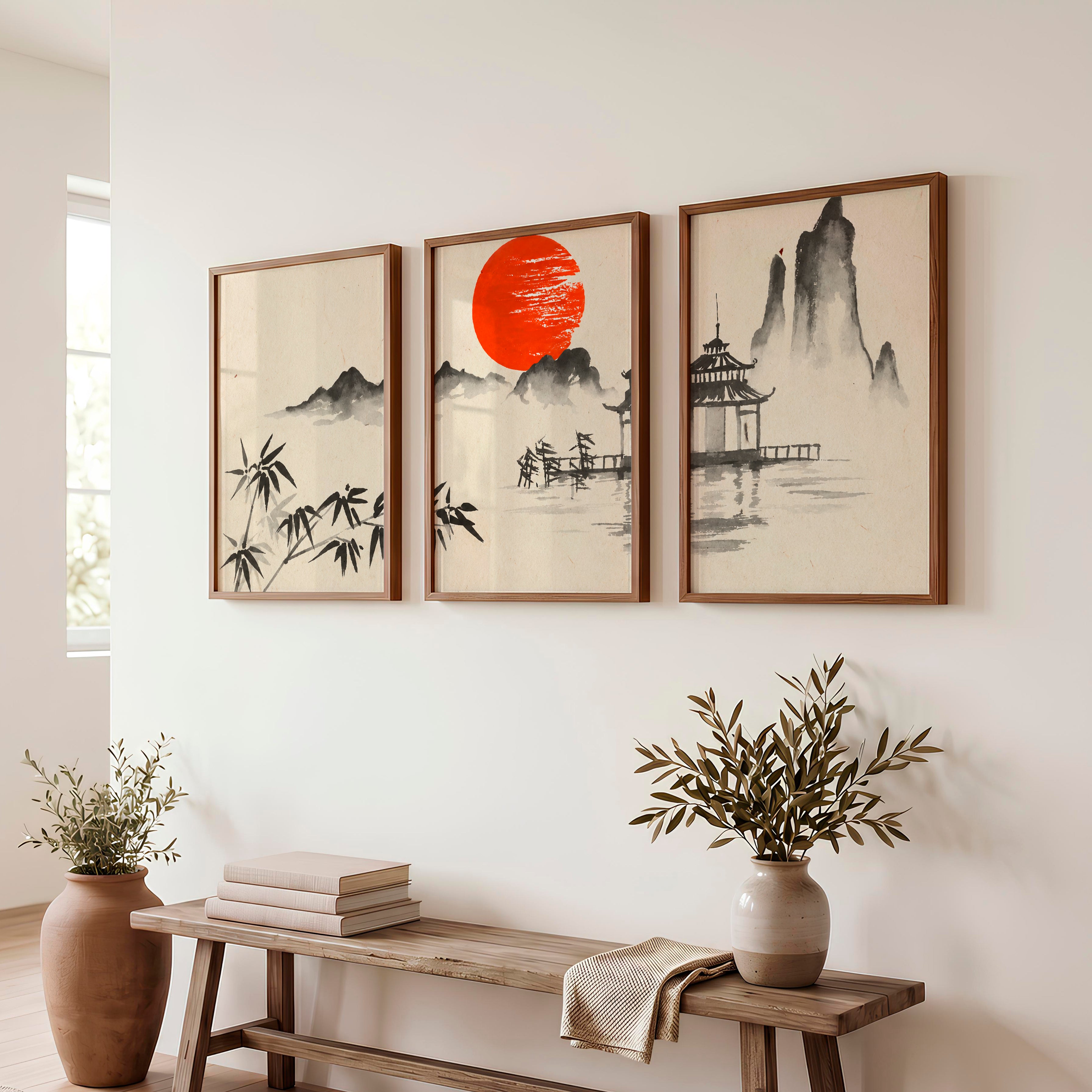 Japanese Wall Art Panels Featuring Misty Mountain and Pine Landscape - Dark Brown Framed Poster No Border - Artworksets