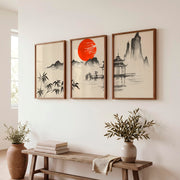 Japanese Wall Art Panels Featuring Misty Mountain and Pine Landscape - Dark Brown Framed Poster No Border - Artworksets