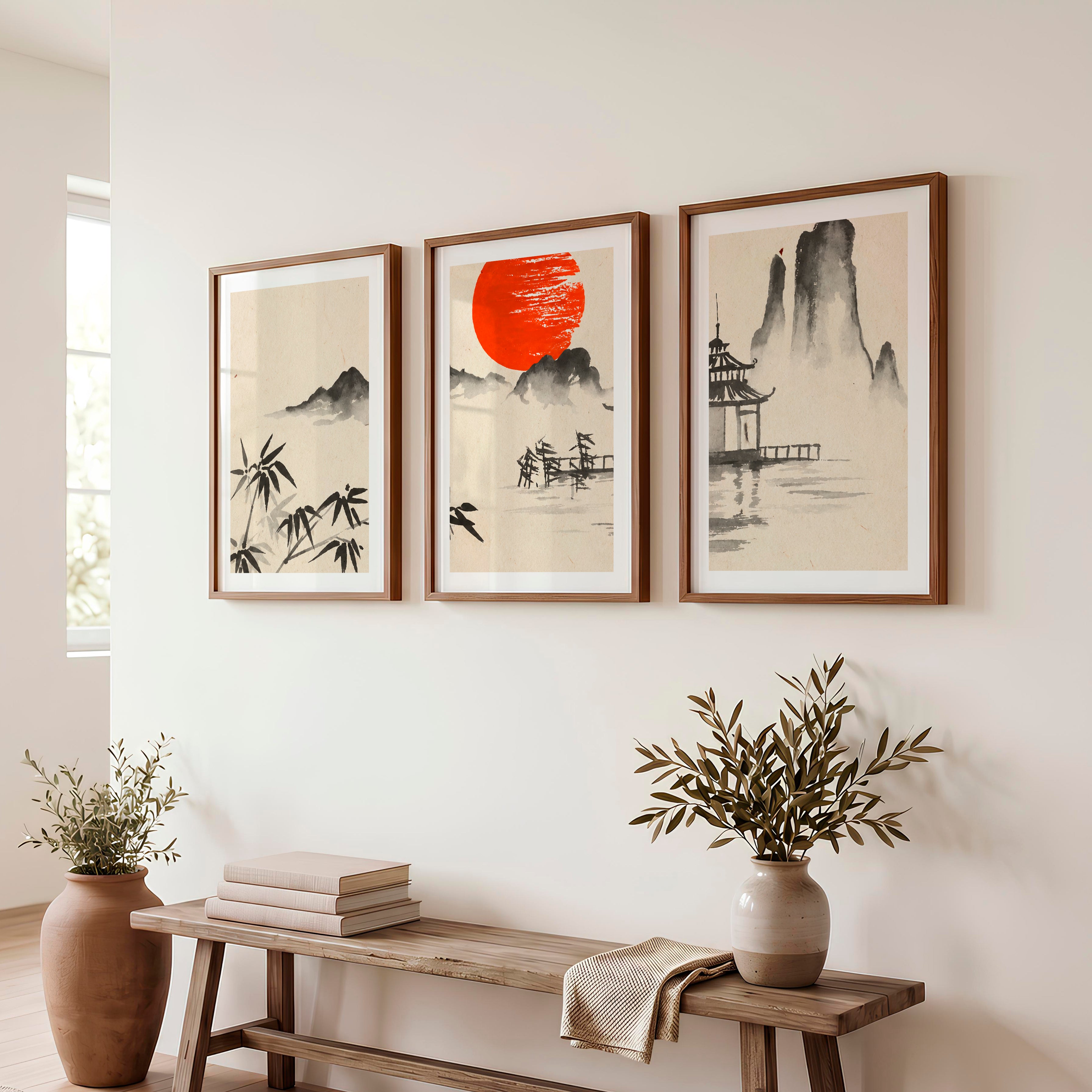 Japanese Wall Art Panels Featuring Misty Mountain and Pine Landscape - Dark Brown Framed Poster with White Border - Artworksets