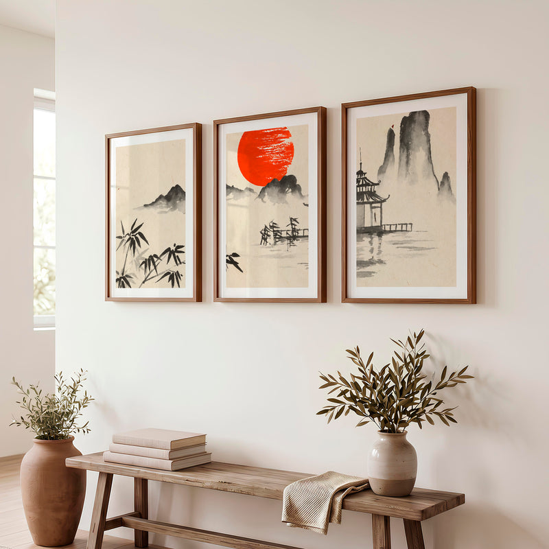 Japanese Wall Art Panels Featuring Misty Mountain and Pine Landscape - Dark Brown Framed Poster with White Border - Artworksets