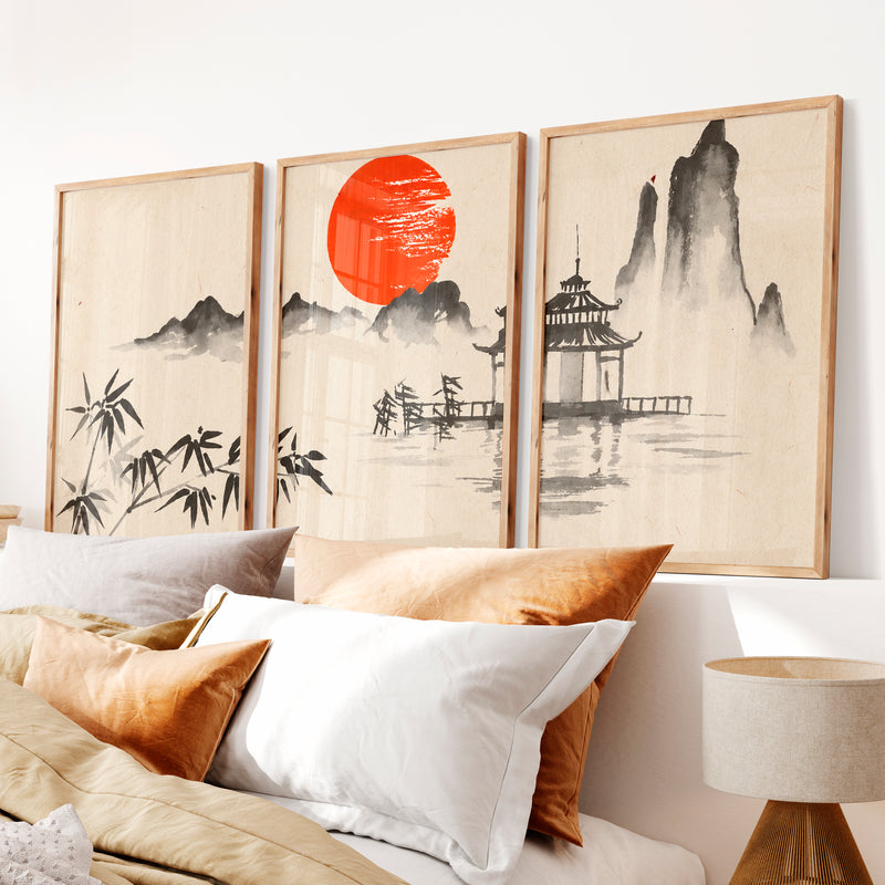 Japanese Wall Art Panels Featuring Misty Mountain and Pine Landscape - Natural Wood Framed Poster No Border - Artworksets