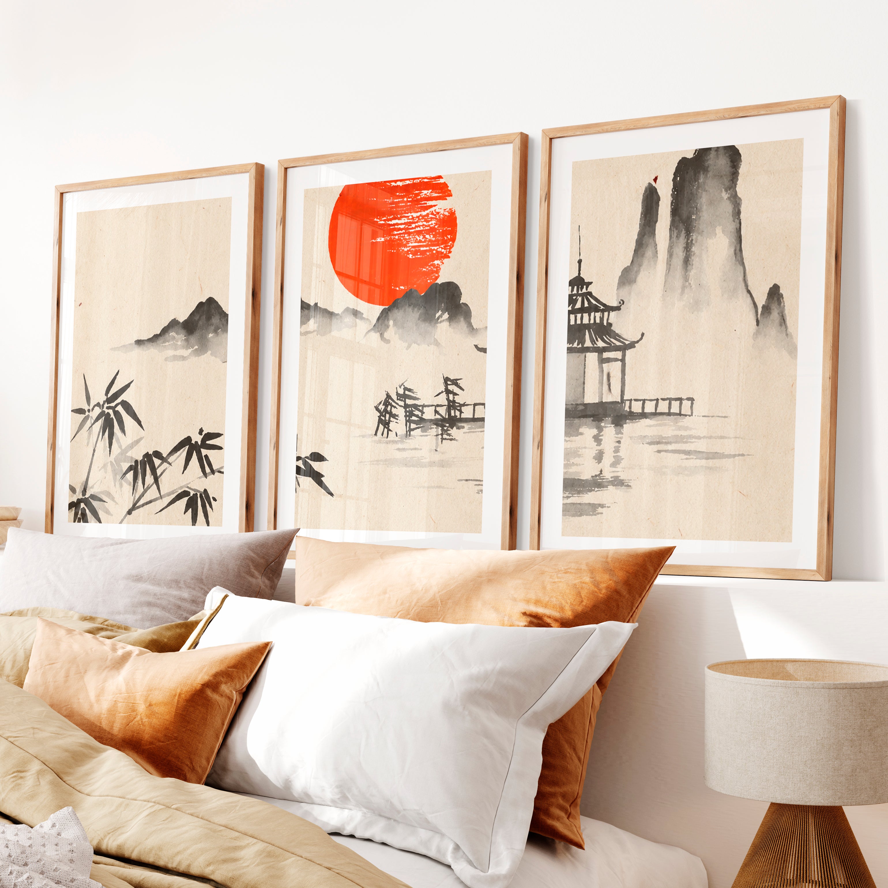 Japanese Wall Art Panels Featuring Misty Mountain and Pine Landscape- Natural Wood Framed Poster with White Border - Artworksets