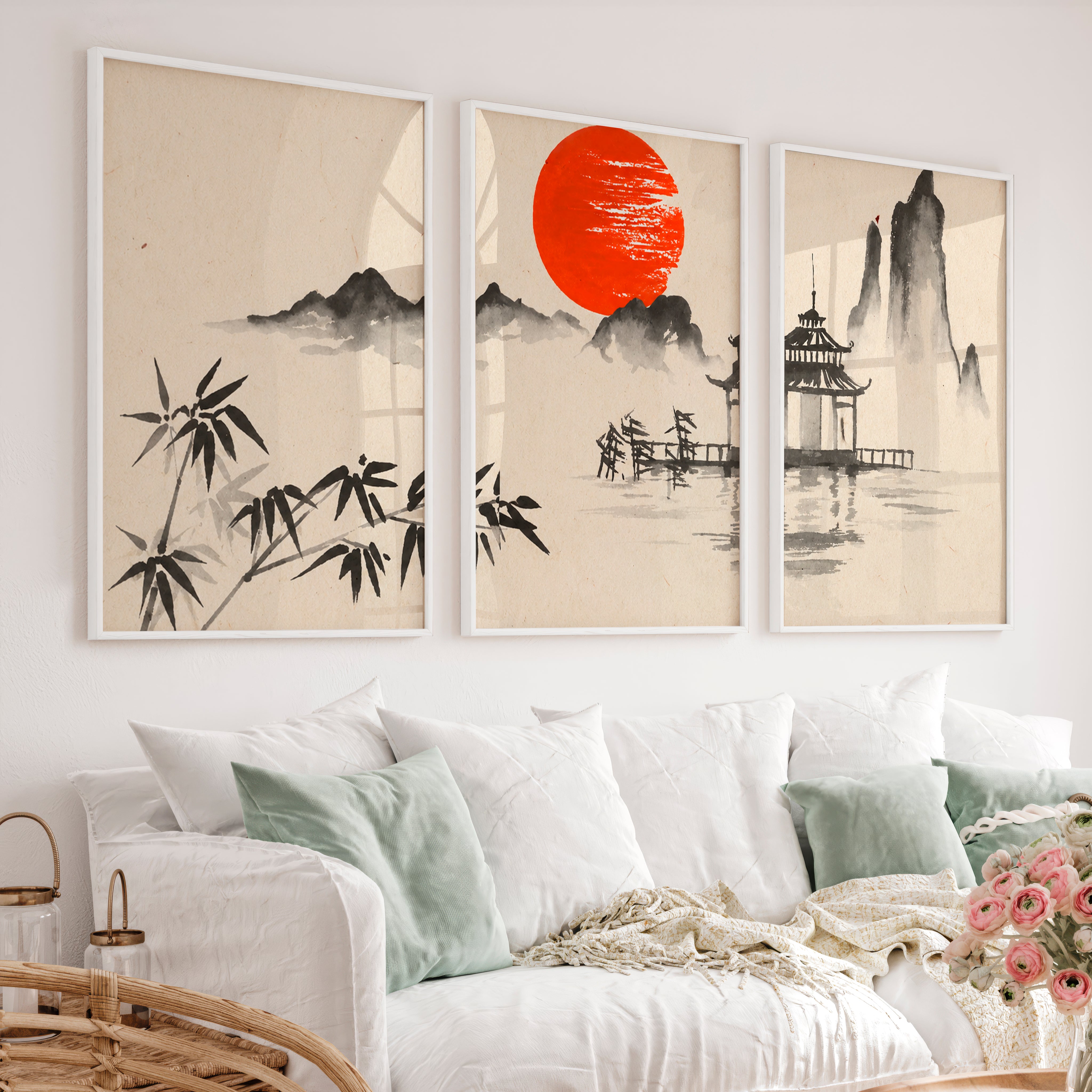 Japanese Wall Art Panels Featuring Misty Mountain and Pine Landscape - White Framed Poster No Border - Artworksets