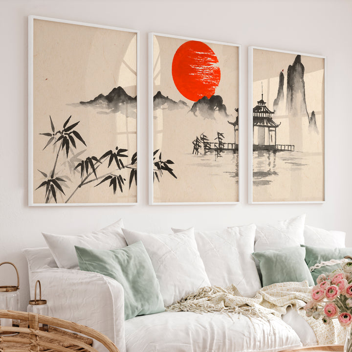 Japanese Wall Art Panels Featuring Misty Mountain and Pine Landscape - White Framed Poster No Border - Artworksets