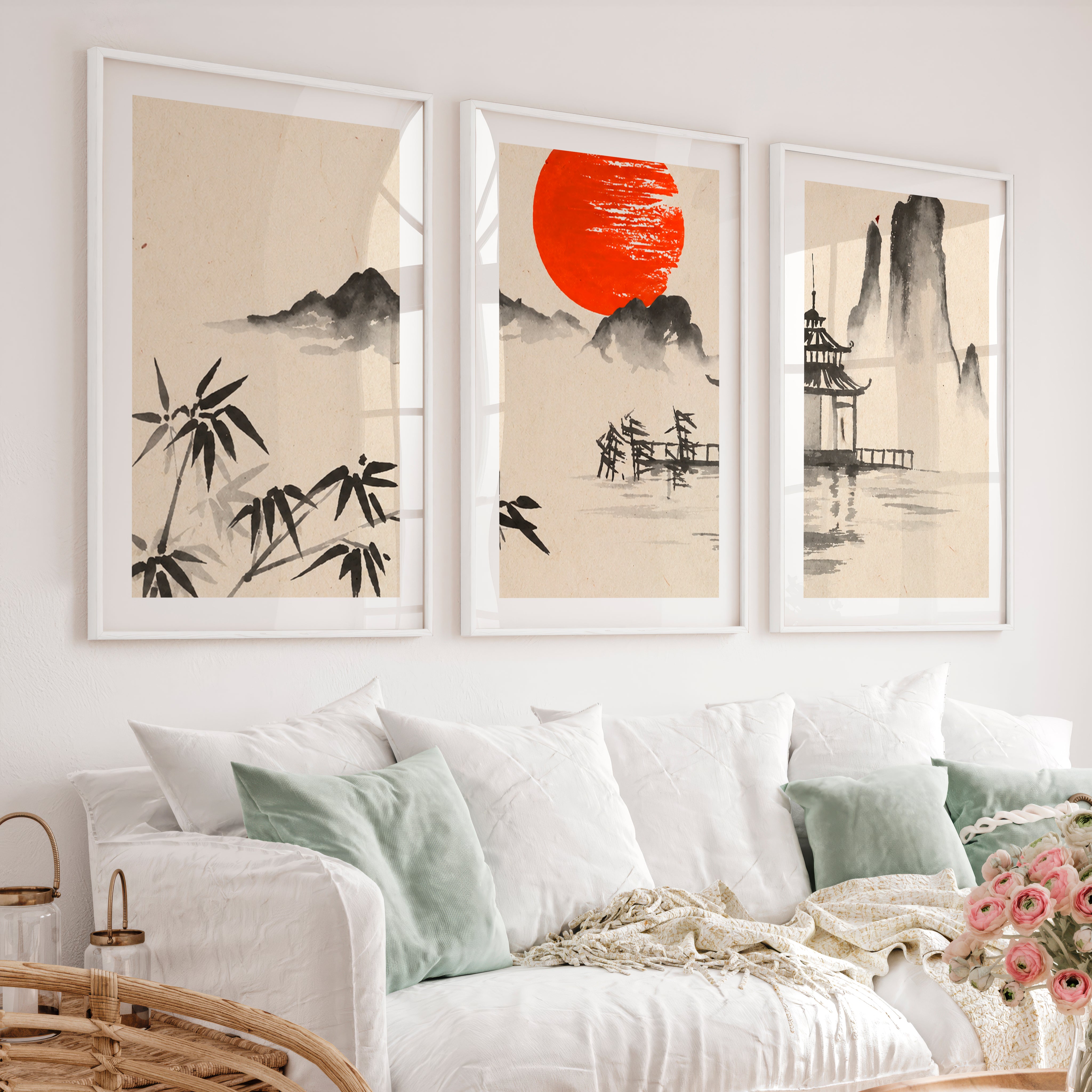 Japanese Wall Art Panels Featuring Misty Mountain and Pine Landscape - White Framed Poster with White Border - Artworksets