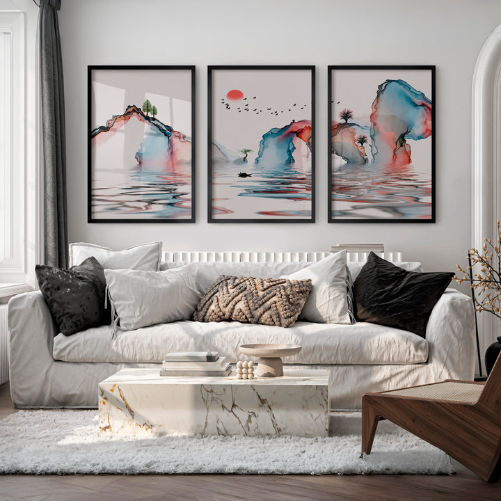 Japanese Wall Art Panels Featuring Misty Pine Forest - Black Framed Poster No Border - Artworksets