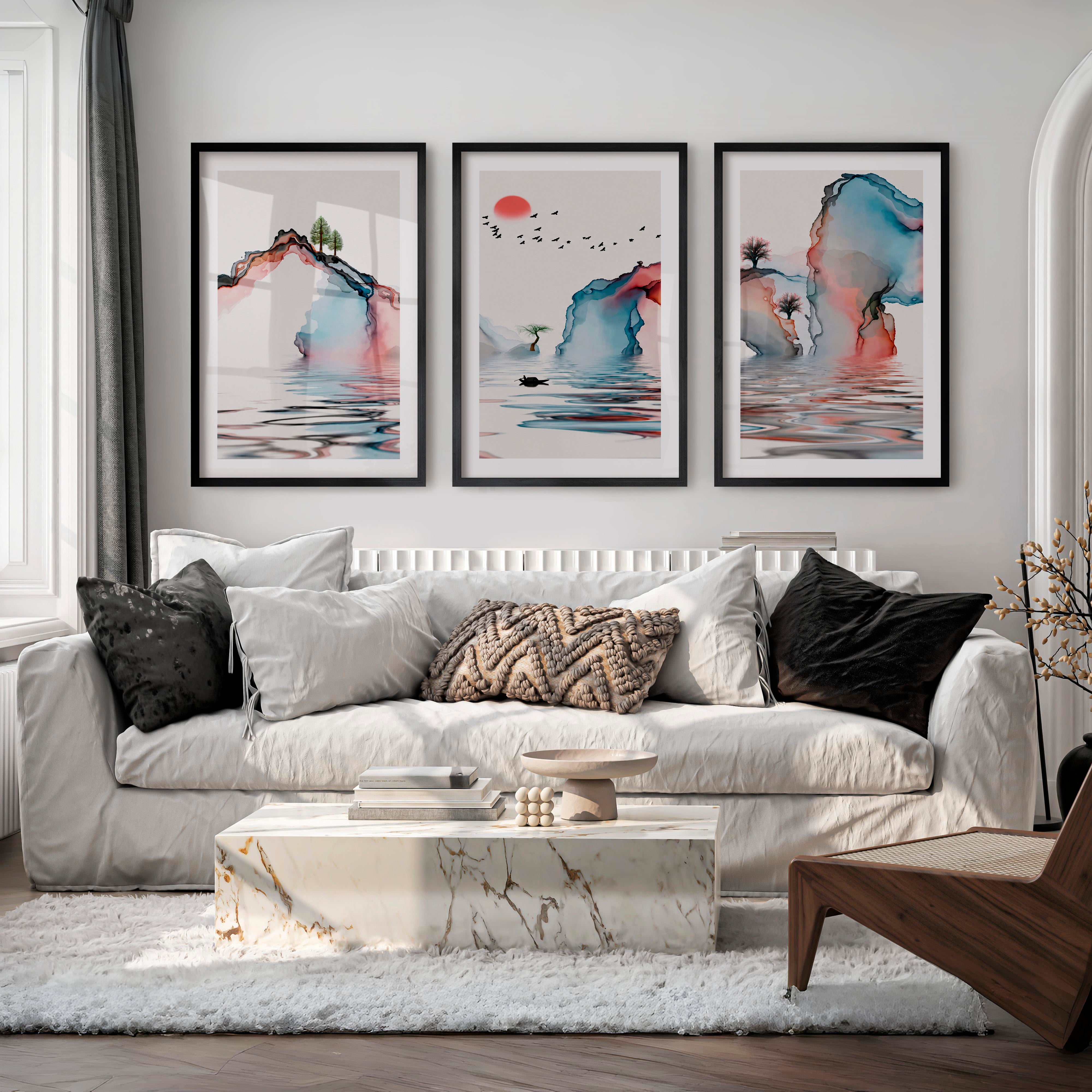 Japanese Wall Art Panels Featuring Misty Pine Forest - Black Framed Poster with White Border - Artworksets
